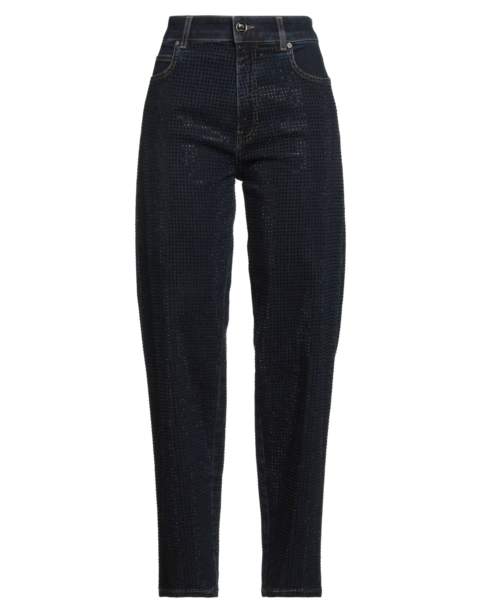 스트레이트 레그 진, 데님, 장식 디테일 솔리드 컬러, 크리스탈, 브랜드 로고, 다크 워싱, 하이 웨이스트, 레귤러 핏, 1 버튼, 지퍼 여밈, 멀티 포켓, 스트레치 패브릭, 세탁기 세탁 또는 드라이클리닝, 표백 금지, 건조기 사용불가. 이미지