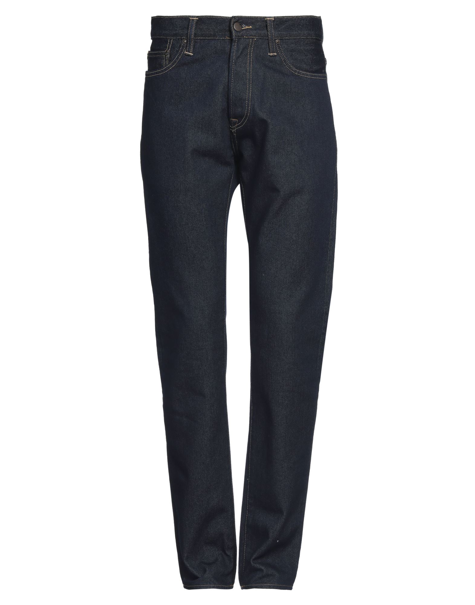 스트레이트 레그 진, 데님, 가죽 인서트, 브랜드 로고, 솔리드 컬러, 다크 워싱, 노멀 웨이스트, 벨트 루프, 레귤러 핏, 히든 버튼 여밈, 멀티 포켓, 세탁기 세탁 또는 드라이클리닝, 표백 금지, 건조기 사용가능, 동물성 비섬유 자재 함유. 이미지