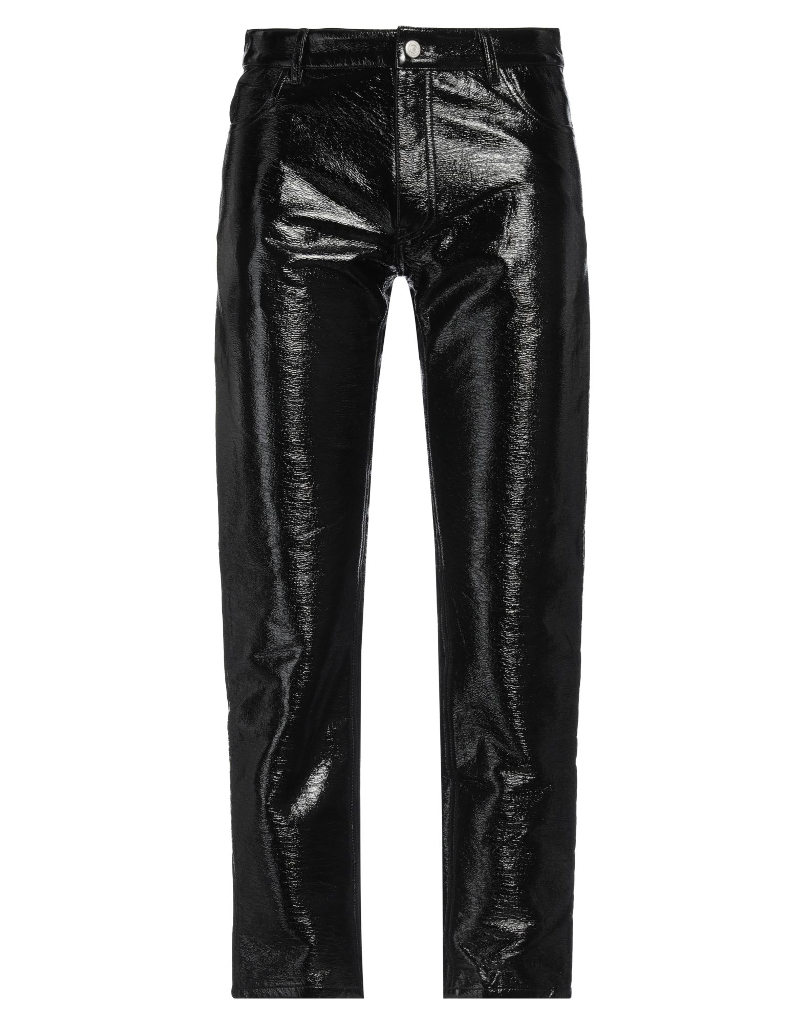 캐주얼 팬츠, 인조가죽, 솔리드 컬러, 브랜드 로고, 노멀 웨이스트, 테이퍼드 레그, 레귤러 핏, 지퍼 여밈, 1 버튼, 멀티 포켓, 스트레치, 물세탁 불가, 표백 금지, 건조기 사용불가. 이미지