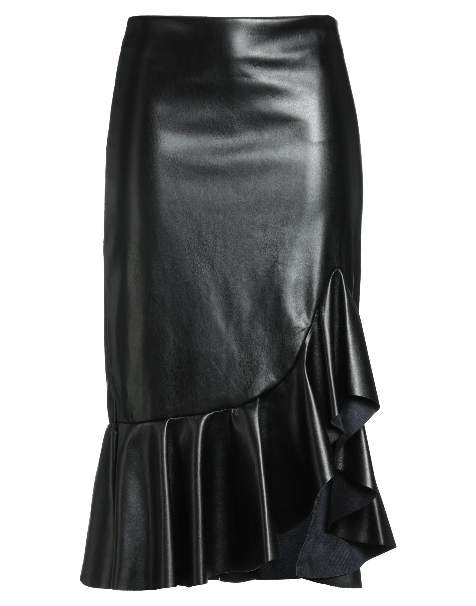 비대칭 스커트, 인조가죽, 솔리드 컬러, 러플, 안감없음, 지퍼 여밈, 후크 여밈, 비대칭 헴, 손세탁, 표백 금지, 건조기 사용불가, 다림질 금지. 이미지