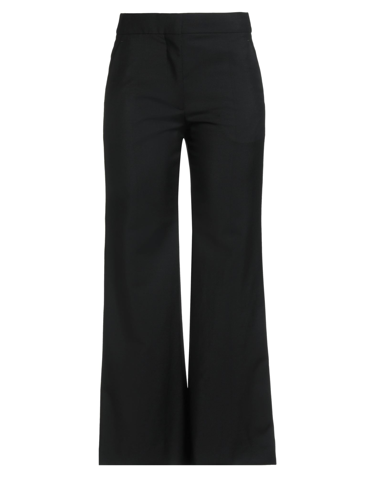 와이드 레그 팬츠, 울 보일, 솔리드 컬러, 장식 부착 없음, 하이 웨이스트, 벨트 루프, 레귤러 핏, 안감없음, 후크 여밈, 지퍼 여밈, 드라이클리닝, 표백 금지, 건조기 사용불가, 다림질 금지, 편안함과 우아함이 결합된 격식을 갖춘 세련된 포멀 오피스 룩. 이미지