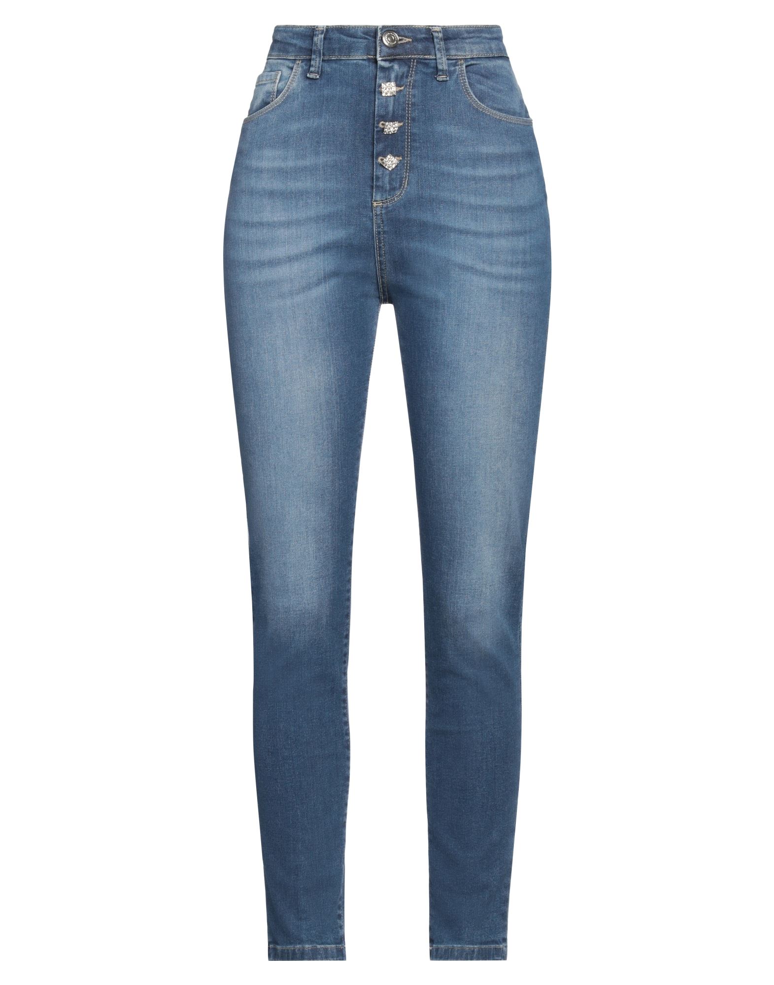 데님, 바랜 효과, 장식 효과, 브랜드 로고, 장식 디테일 솔리드 컬러, 미디엄 워싱, 하이 웨이스트, 레귤러 핏, 지퍼 여밈, 1 버튼, 멀티 포켓, 세탁기로 세탁, 표백 금지, 건조기 사용불가, 스키니 진. 이미지