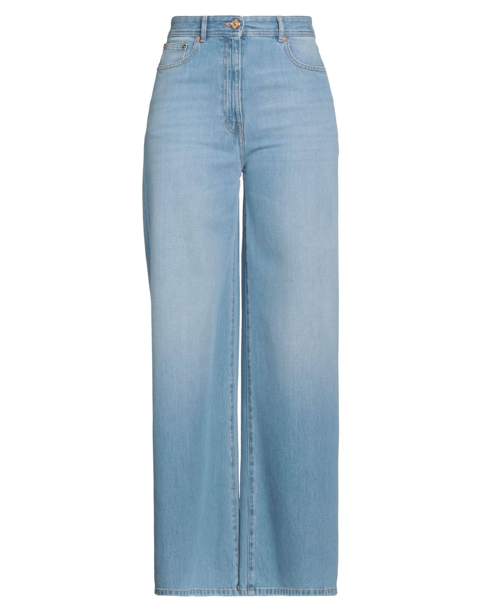 데님, 바랜 효과, 브랜드 로고, 솔리드 컬러, 라이트 워싱, 하이 웨이스트, 컴포트 핏, 지퍼 여밈, 1 버튼, 멀티 포켓, 세탁기로 세탁, 표백 금지, 건조기 사용불가, 동물성 비섬유 자재 함유, 와이드 레그 진. 이미지