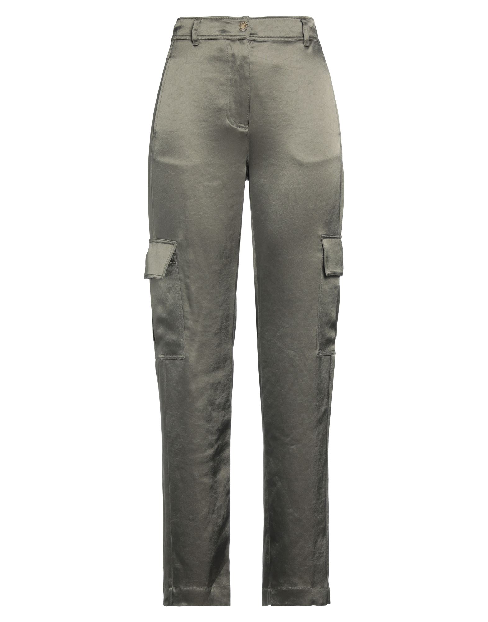 새틴, 장식 부착 없음, 솔리드 컬러, 하이 웨이스트, 벨트 루프, 스트레이트 레그, 레귤러 핏, 지퍼 클로저, 1 버튼, 멀티 포켓, 카고스타일 포켓. 이미지