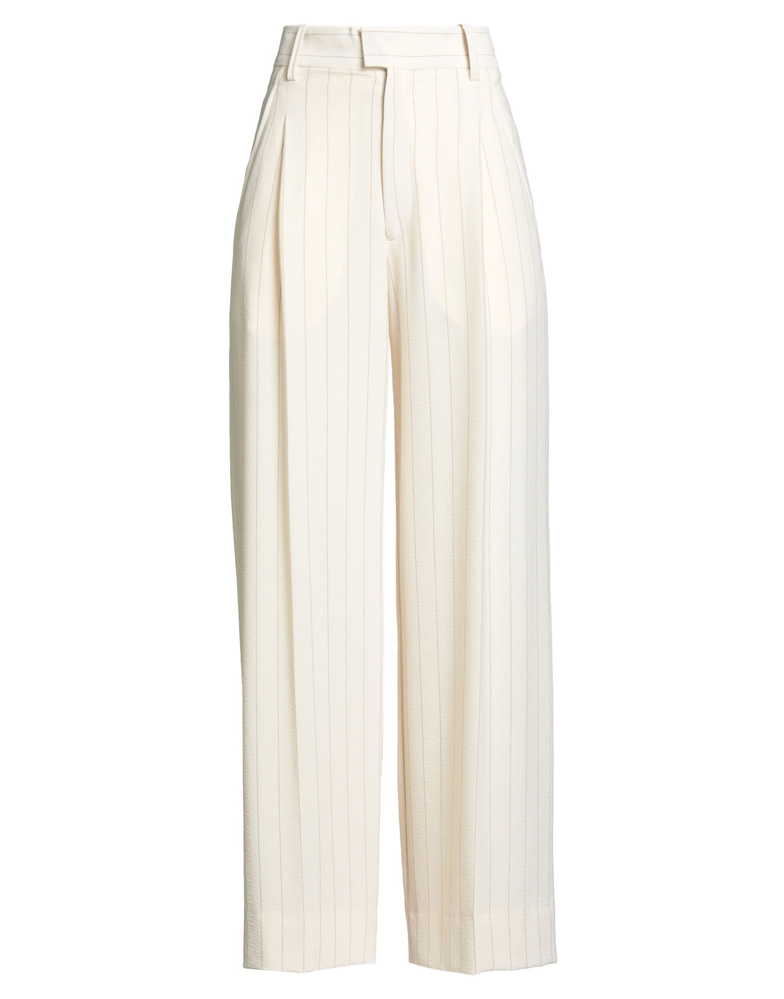 와이드 레그 팬츠, 크레이프, 스트레치 패브릭, 핀스트라이프, 다트, 하이 웨이스트, 벨트 루프, 레귤러 핏, 지퍼 여밈, 후크 여밈, 슬릿 포켓, 웰트 포켓, 드라이클리닝, 표백 금지, 건조기 사용불가. 이미지