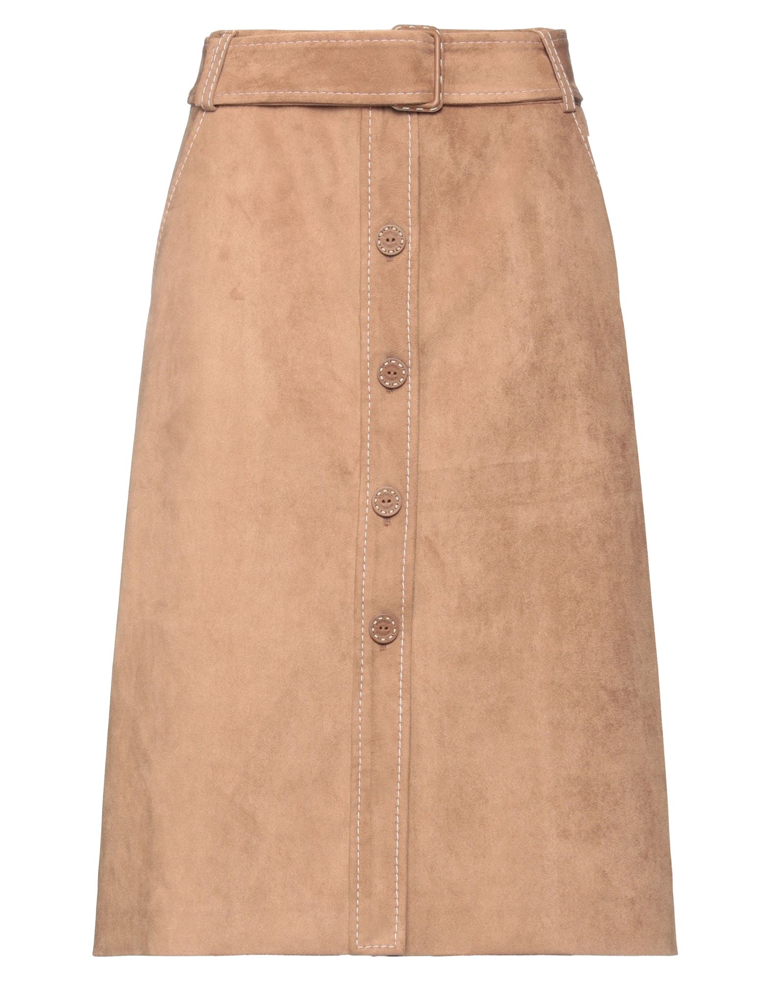 플레어 스커트, 스웨이드 효과 패브릭, 장식 디테일 솔리드 컬러, 장식 효과, 벨트, 안감없음, 지퍼 여밈, 멀티 포켓. 이미지