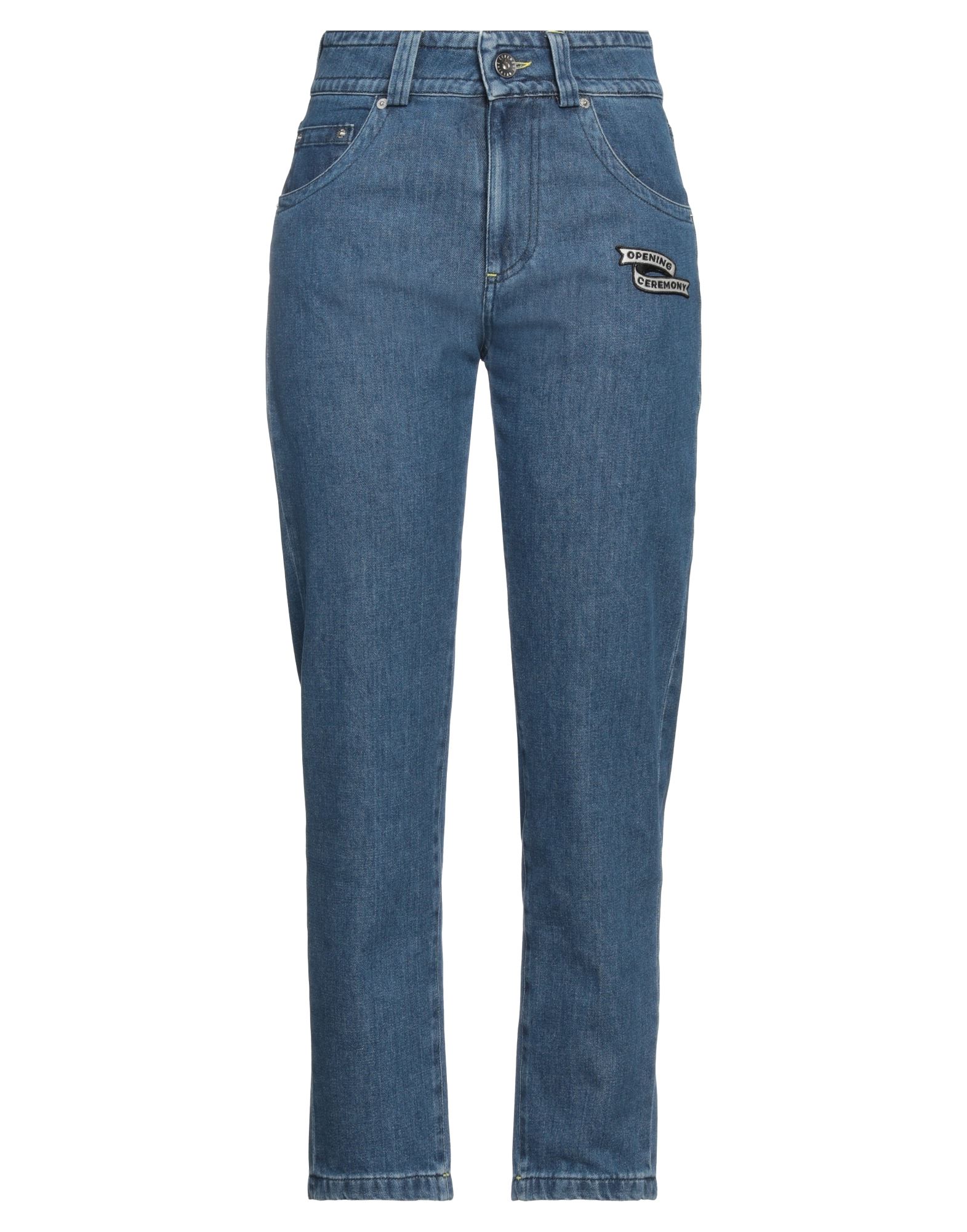 데님, 바랜 효과, 브랜드 로고, 콘트라스트 디테일, 장식 디테일 솔리드 컬러, 미디엄 워싱, 하이 웨이스트, 테이퍼드 레그, 레귤러 핏, 지퍼 클로저, 1 버튼, 멀티 포켓, 맘핏 스타일, 라지 핏. 이미지