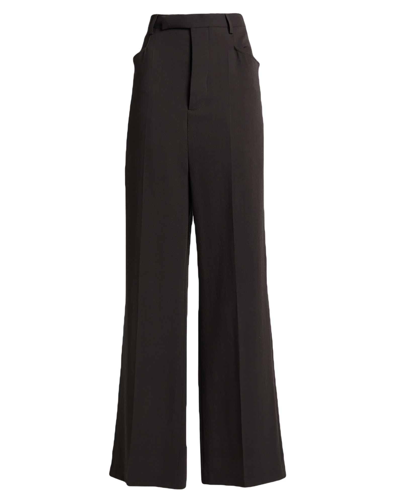 와이드 레그 팬츠, 크레이프, 솔리드 컬러, 장식 부착 없음, 로우 크로치, 벨트 루프, 레귤러 핏, 버튼 여밈, 후크 여밈, 슬릿 포켓, 웰트 포켓, 드라이클리닝, 표백 금지, 건조기 사용불가. 이미지