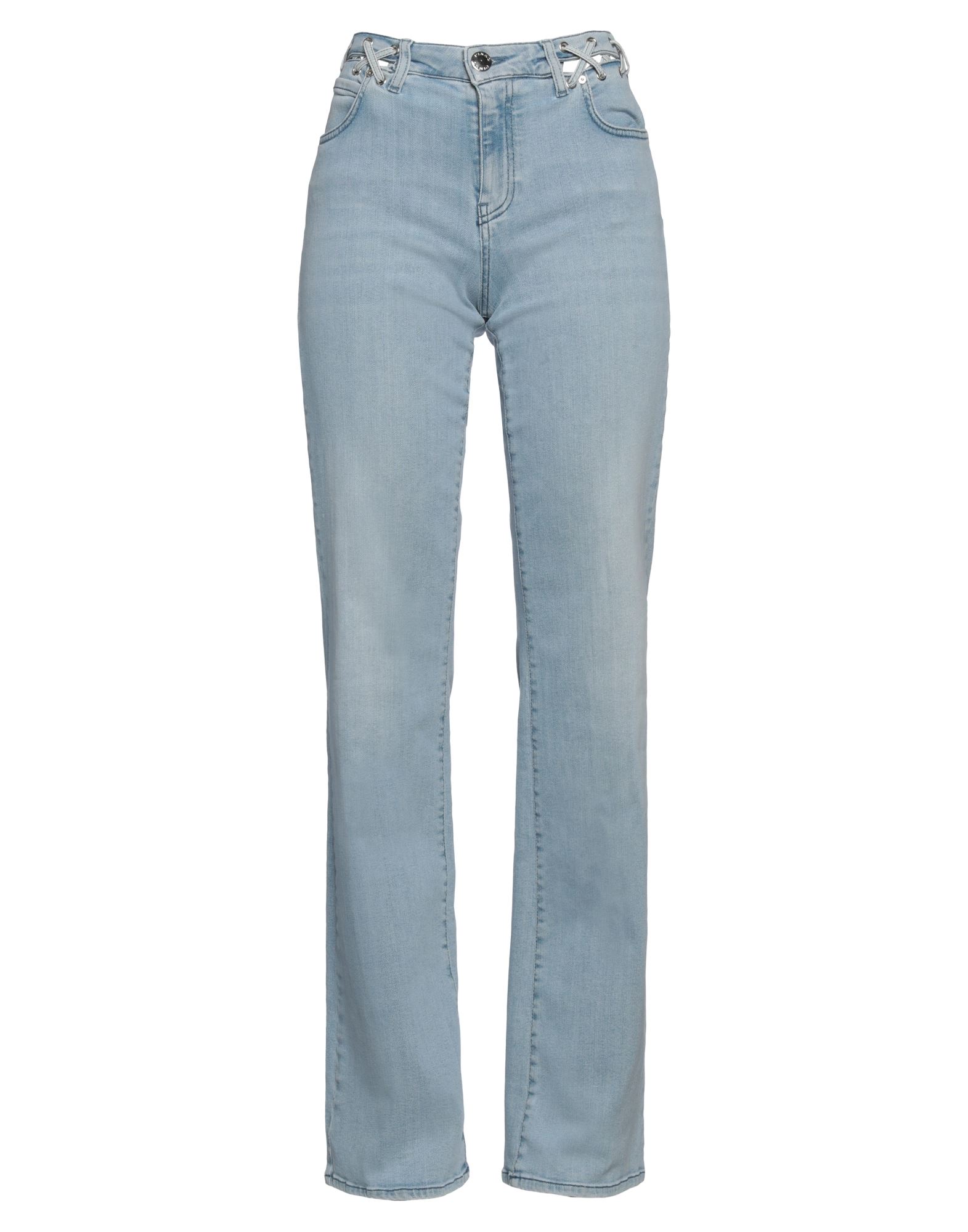 플레어 진, 데님, 바랜 효과, 장식 부착 없음, 솔리드 컬러, 미디엄 워싱, 하이 웨이스트, 벨트 루프, 스키니, 1 버튼, 지퍼 여밈, 멀티 포켓, 세탁기로 세탁, 표백 금지, 건조기 사용불가. 이미지