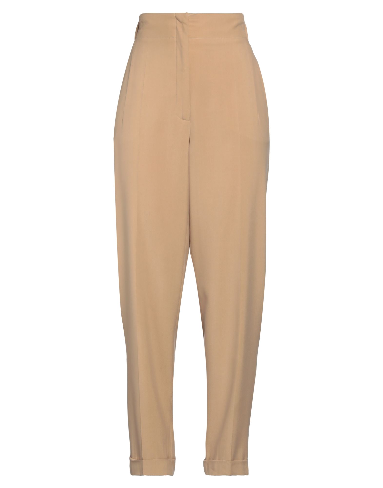 크레이프, 장식 부착 없음, 솔리드 컬러, 하이 웨이스트, 엘라스틱 웨이스트, 테이퍼드 레그, 레귤러 핏, 지퍼 클로저, 커프드 헴, 멀티 포켓, 테일러드, 라지 핏. 이미지