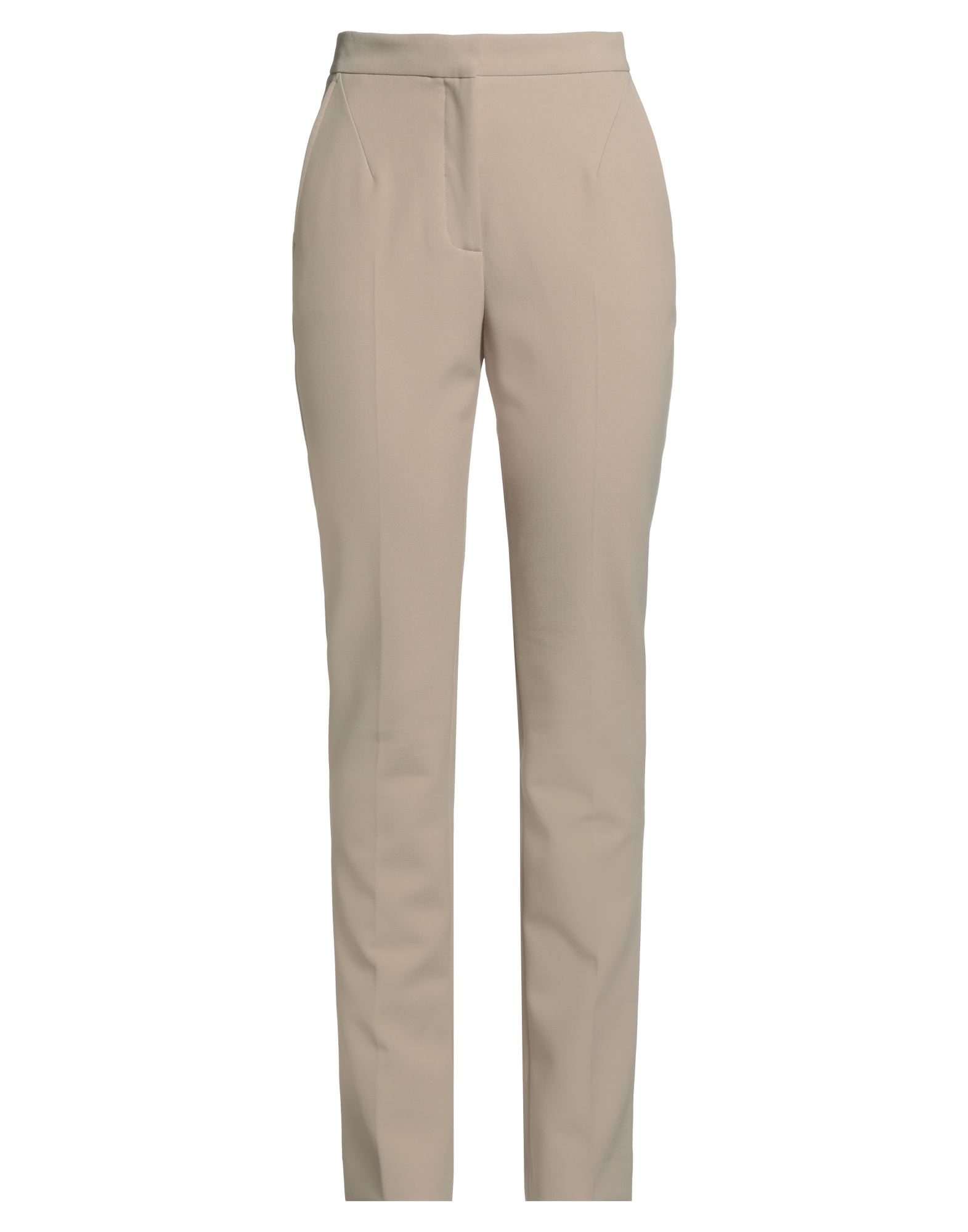 스트레이트 레그 팬츠, 크레이프, 솔리드 컬러, 장식 부착 없음, 하이 웨이스트, 레귤러 핏, 지퍼 여밈, 후크 여밈, 슬릿 포켓, 스트레치, 드라이클리닝, 표백 금지, 건조기 사용불가, 다림질 금지. 이미지