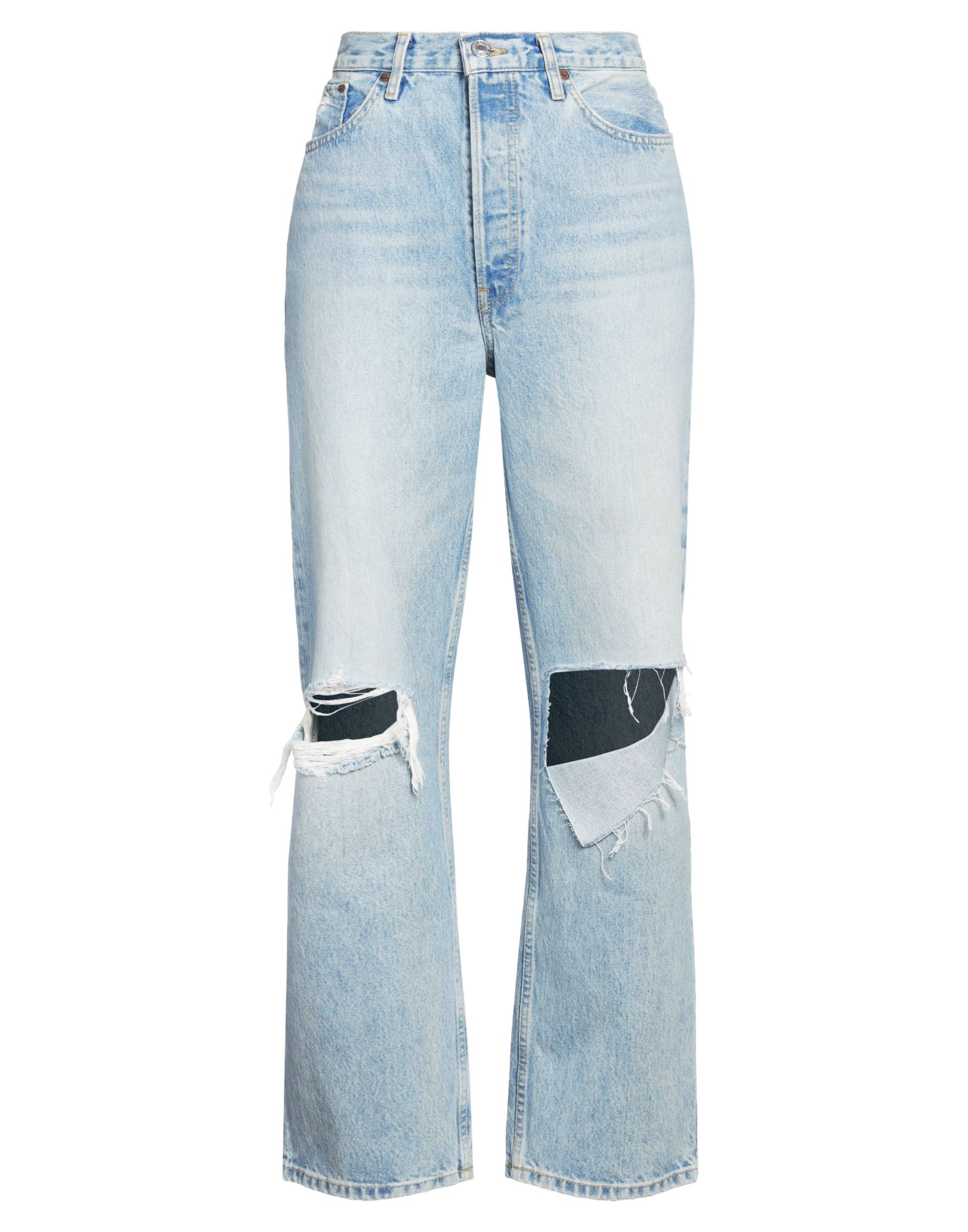 스트레이트 레그 진, 데님, 디스트레스드 효과, 바랜 효과, 솔리드 컬러, 브랜드 로고, 미디엄 워싱, 하이 웨이스트, 레귤러 핏, 버튼 여밈, 멀티 포켓, 세탁기 세탁 또는 드라이클리닝, 건조기 사용불가. 이미지