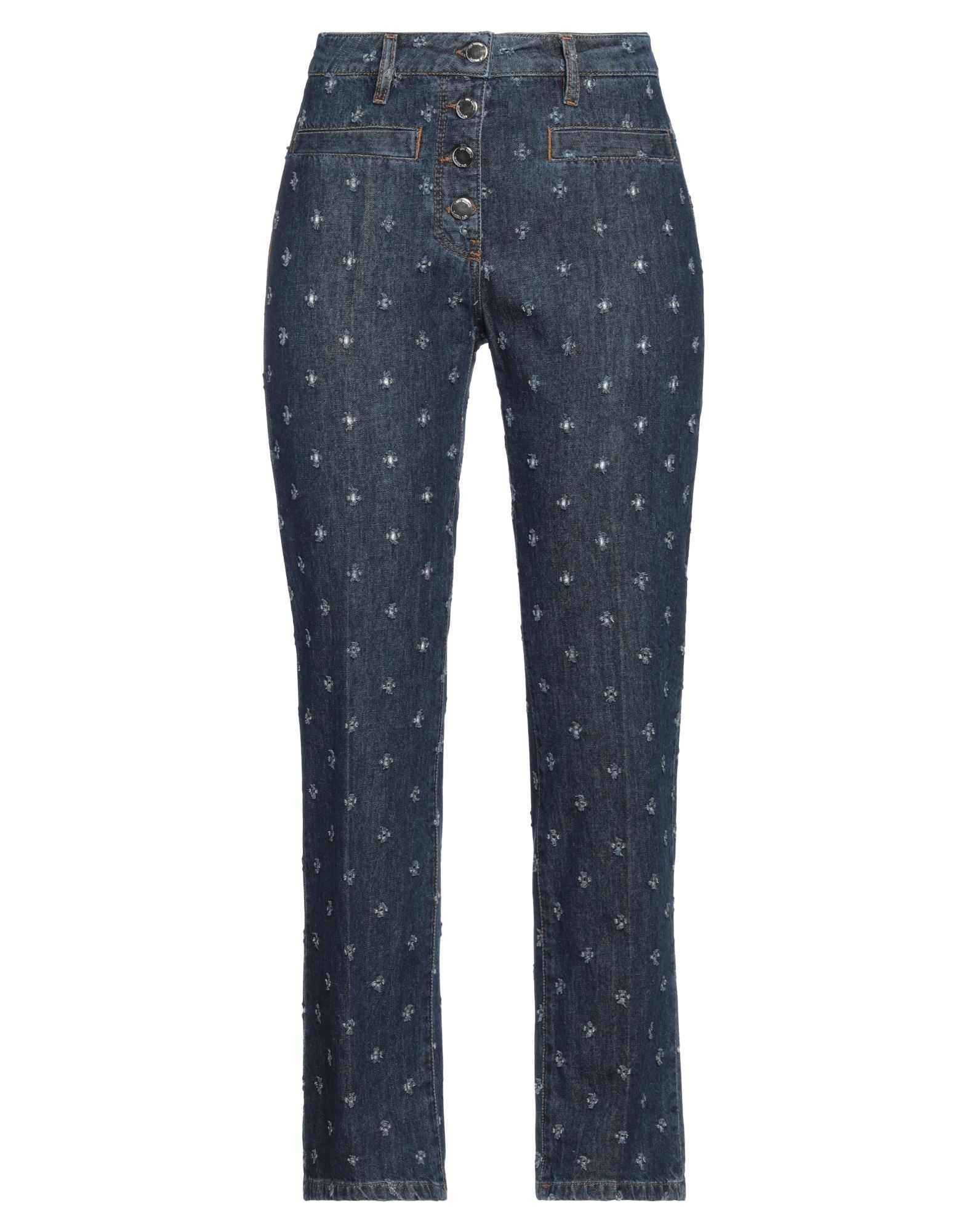 데님, 디스트레스드 효과, 브랜드 로고, 솔리드 컬러, 미디엄 워싱, 노멀 웨이스트, 레귤러 핏, 버튼 여밈, 멀티 포켓, 세탁기로 세탁, 표백 금지, 건조기 사용불가, 테이퍼드 진. 이미지