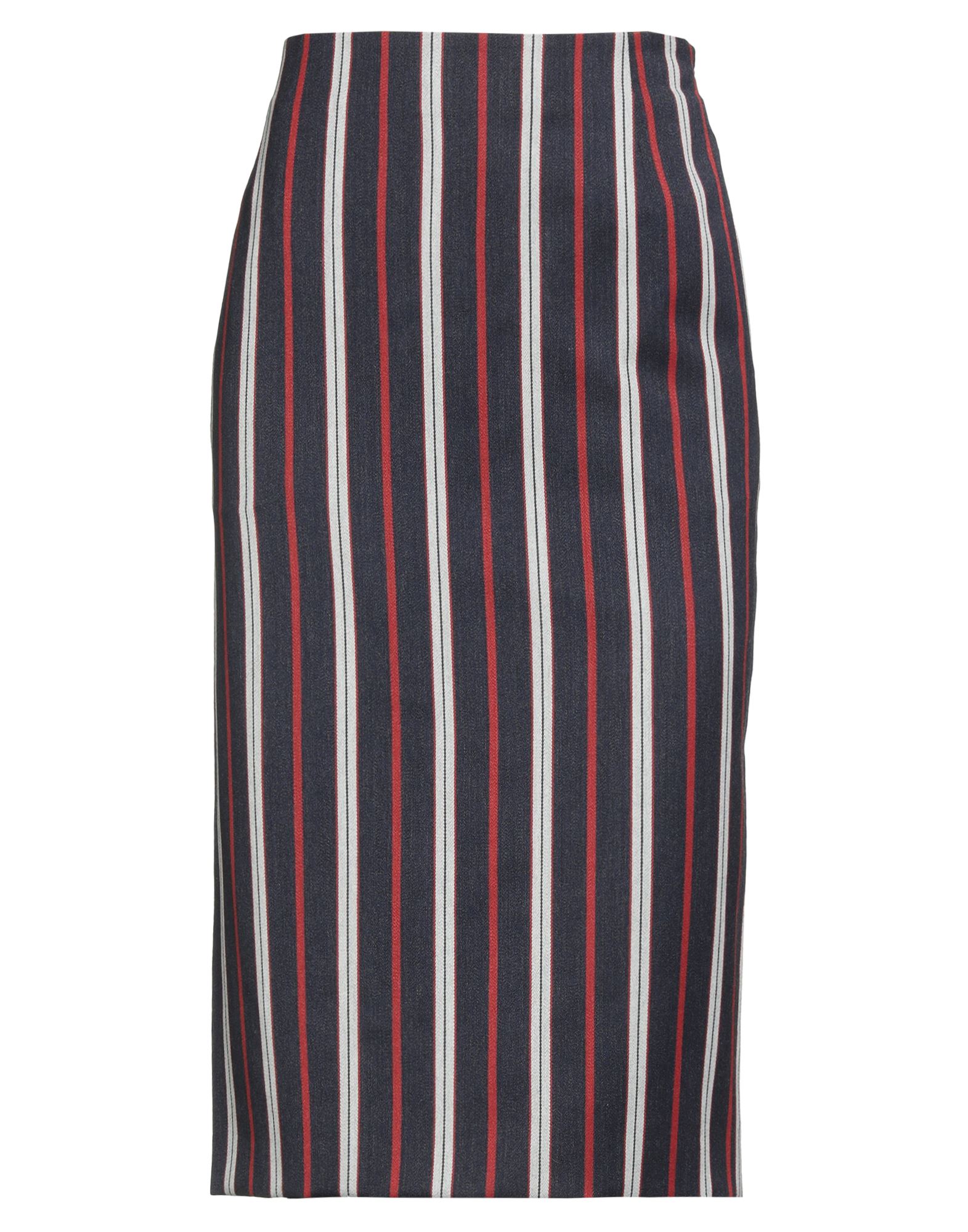 펜슬 스커트, 트윌, 스트라이프, 브랜드 로고, 지퍼 여밈, 후크 여밈, 드라이클리닝, 표백 금지, 건조기 사용불가. 이미지