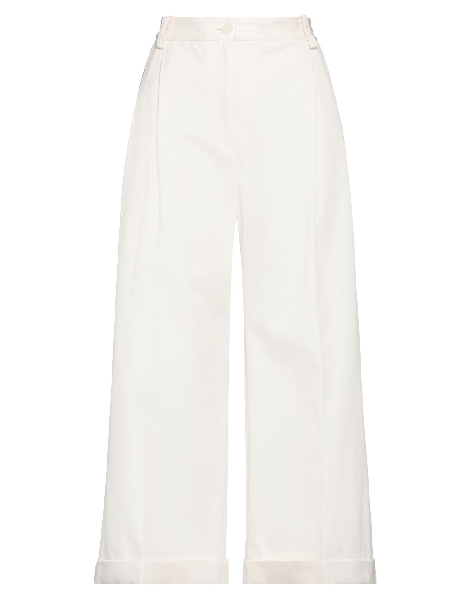 와이드 레그 팬츠, 트윌, 솔리드 컬러, 다트, 하이 웨이스트, 레귤러 핏, 지퍼 여밈, 1 버튼, 폴디드 헴, 멀티 포켓, 세탁기 세탁 또는 드라이클리닝, 표백 금지, 건조기 사용불가, 크롭트. 이미지