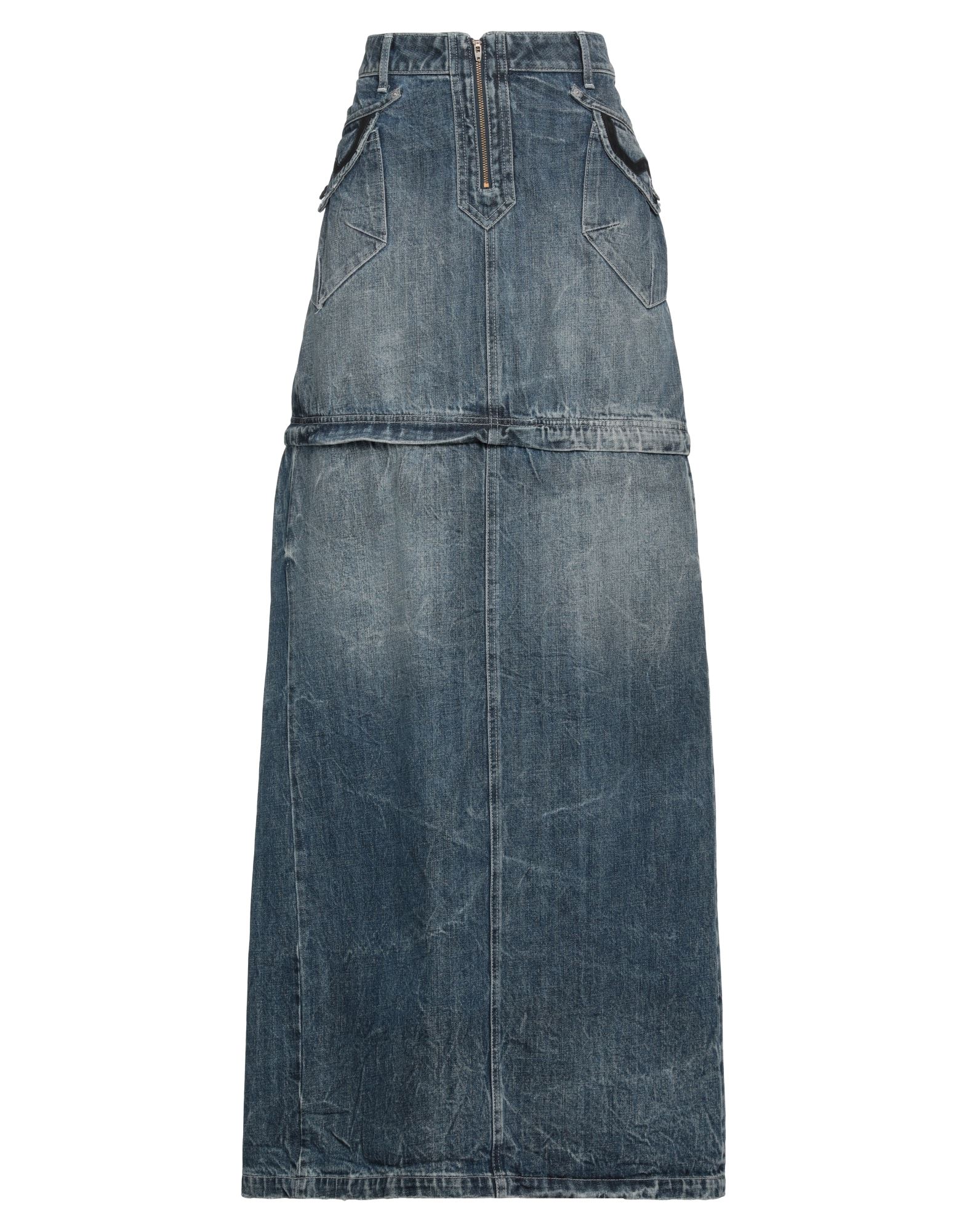 플레어 스커트, 데님, 디스트레스드 효과, 바랜 효과, 장식 디테일 솔리드 컬러, 브랜드 로고, 가죽 인서트, 미디엄 워싱, 안감없음, 지퍼 여밈, 백 슬릿, 멀티 포켓, 세탁기로 세탁, 표백 금지, 건조기 사용불가, 동물성 비섬유 자재 함유. 이미지