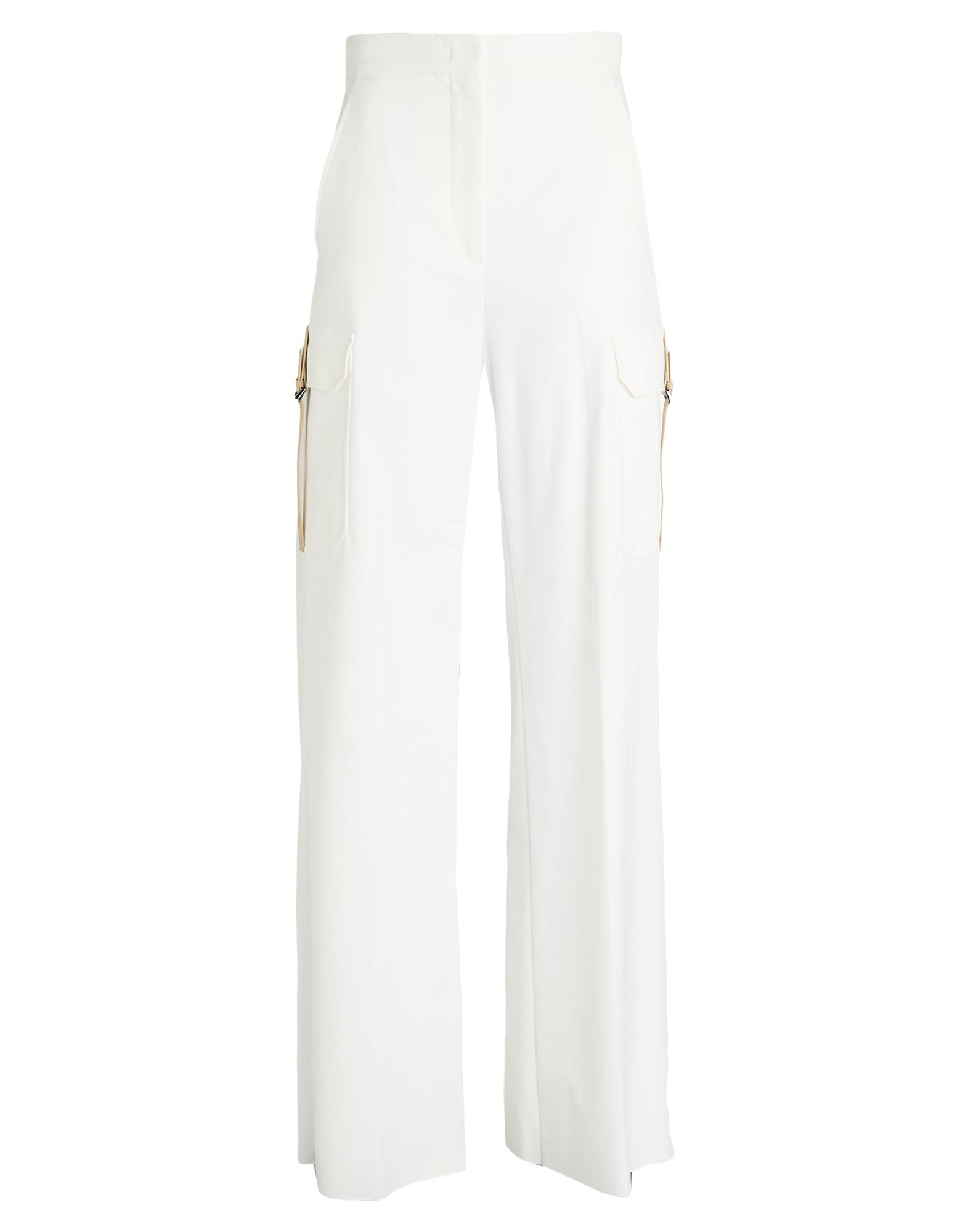 카고 팬츠, 우븐, 가죽 인서트, 솔리드 컬러, 하이 웨이스트, 레귤러 핏, 지퍼 여밈, 후크 여밈, 멀티 포켓, 스트레치, 드라이클리닝, 표백 금지, 건조기 사용불가, 동물성 비섬유 자재 함유. 이미지