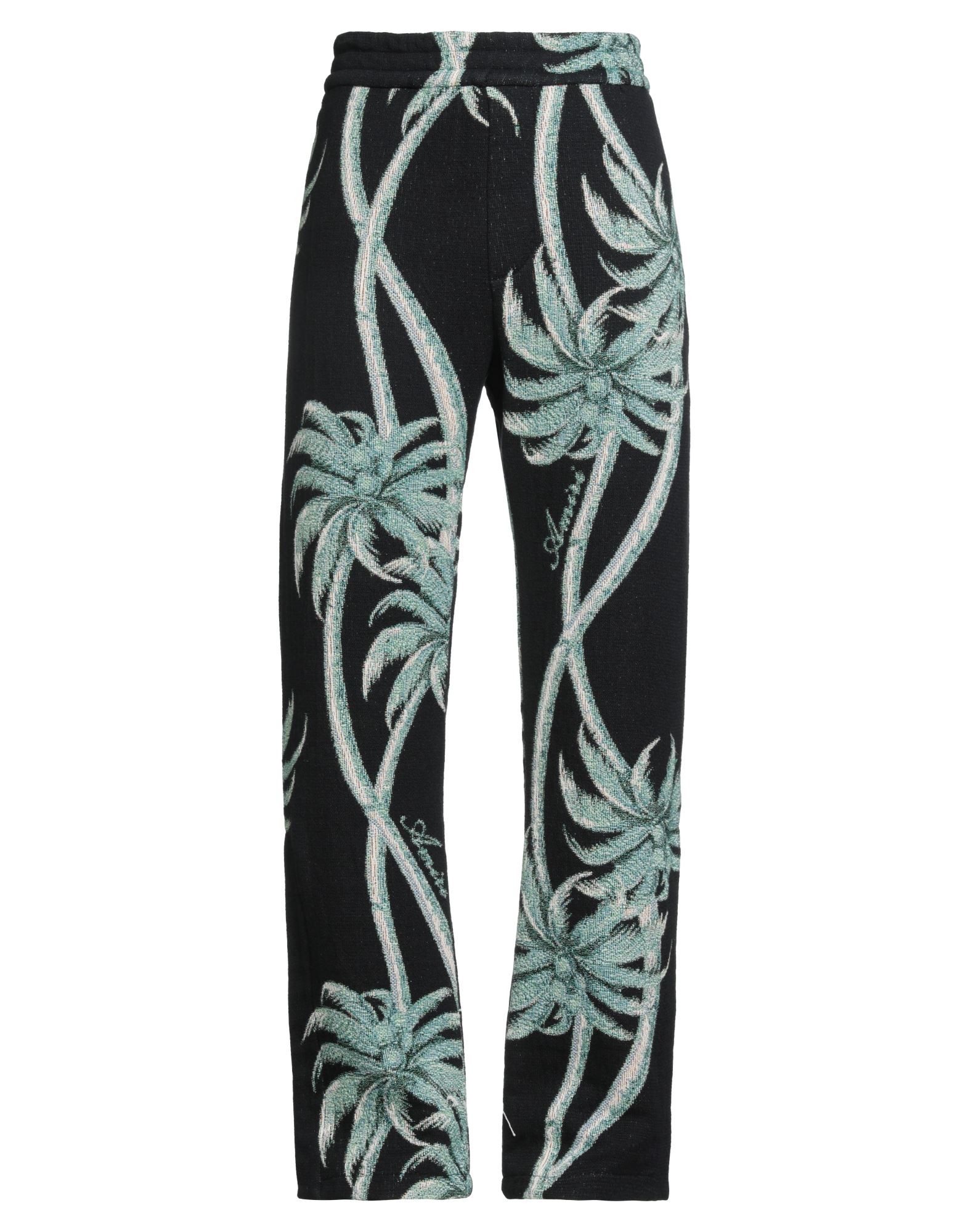 캐주얼 팬츠, 자카드, 하와이안 모티브, 브랜드 로고, 하이 웨이스트, 드로스트링 웨이스트, 와이드 레그, 컴포트 핏, 패치 포켓, 슬릿 포켓, 드라이클리닝, 표백 금지, 건조기 사용불가. 이미지