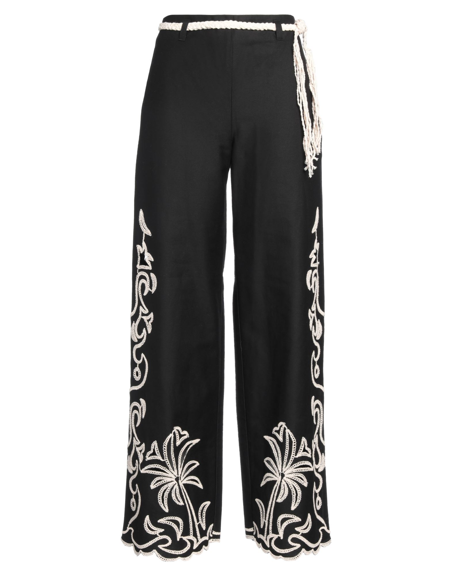 와이드 레그 팬츠, 트윌, 장식 디테일 솔리드 컬러, 자수 장식, 벨트, 하이 웨이스트, 레귤러 핏, 안감없음, 지퍼 여밈, 세탁기 세탁 또는 드라이클리닝, 표백 금지, 건조기 사용불가. 이미지