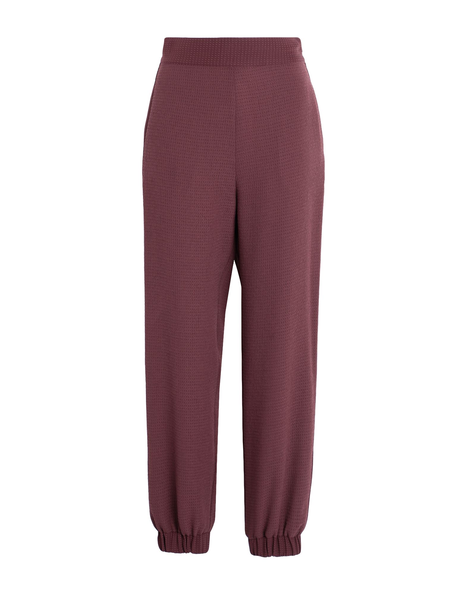 크레이프, 사이드 스트라이프, 솔리드 컬러, 하이 웨이스트, 웨이스트밴드, 테이퍼드 레그, 레귤러 핏, 지퍼 클로저, 엘라스틱 헴라인, 포켓 없음, 기타 바지. 이미지