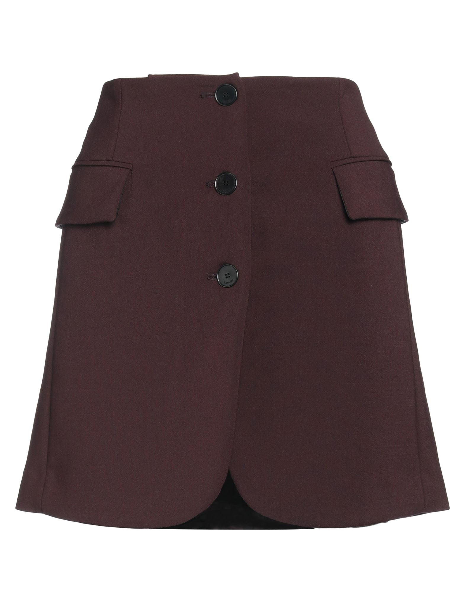 플레어 스커트, 울 보일, 솔리드 컬러, 장식 부착 없음, 안감있음, 버튼 여밈, 플랩 포켓, 스트레치, 드라이클리닝, 표백 금지, 건조기 사용불가. 이미지