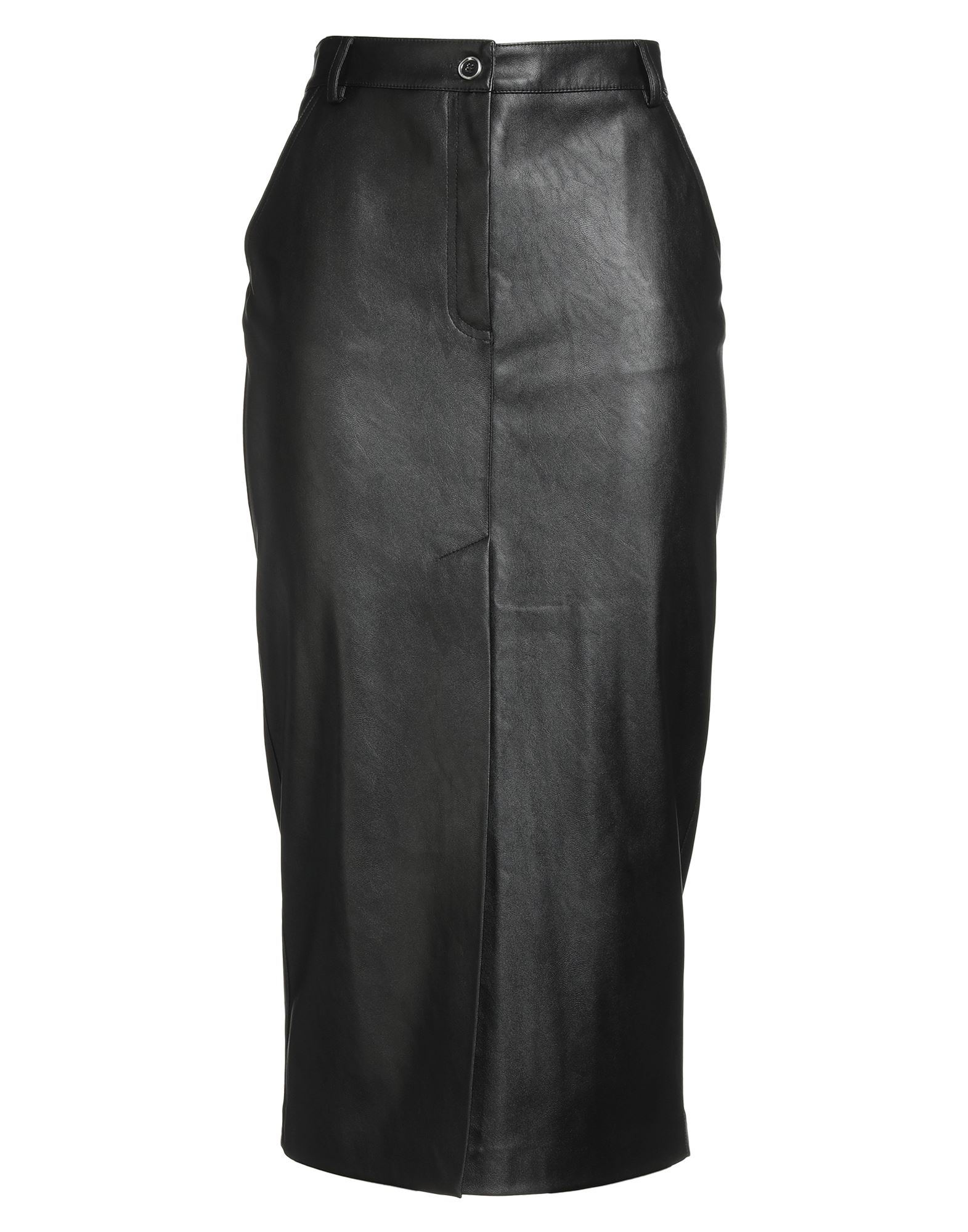 펜슬 스커트, 인조가죽, 솔리드 컬러, 장식 부착 없음, 벨트 루프, 안감없음, 지퍼 여밈, 1 버튼, 프론트 슬릿, 슬릿 포켓, 손세탁, 표백 금지, 건조기 사용불가, 다림질 금지. 이미지