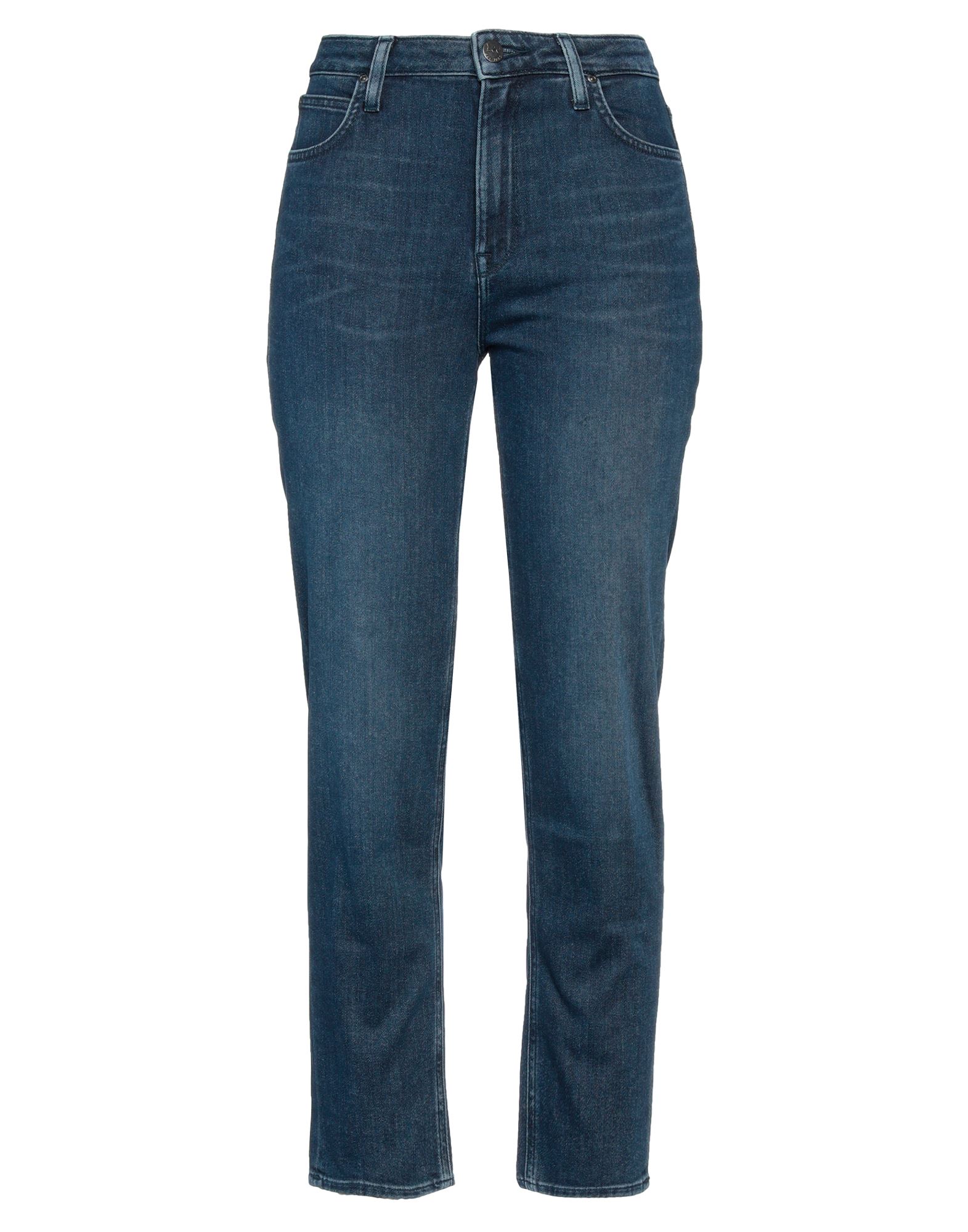 데님, 바랜 효과, 브랜드 로고, 솔리드 컬러, 다크 워싱, 하이 웨이스트, 벨트 루프, 테이퍼드 레그, 레귤러 핏, 버튼 여밈, 지퍼 클로저, 포켓 5개, 스트레치, 테이퍼드 스타일. 이미지