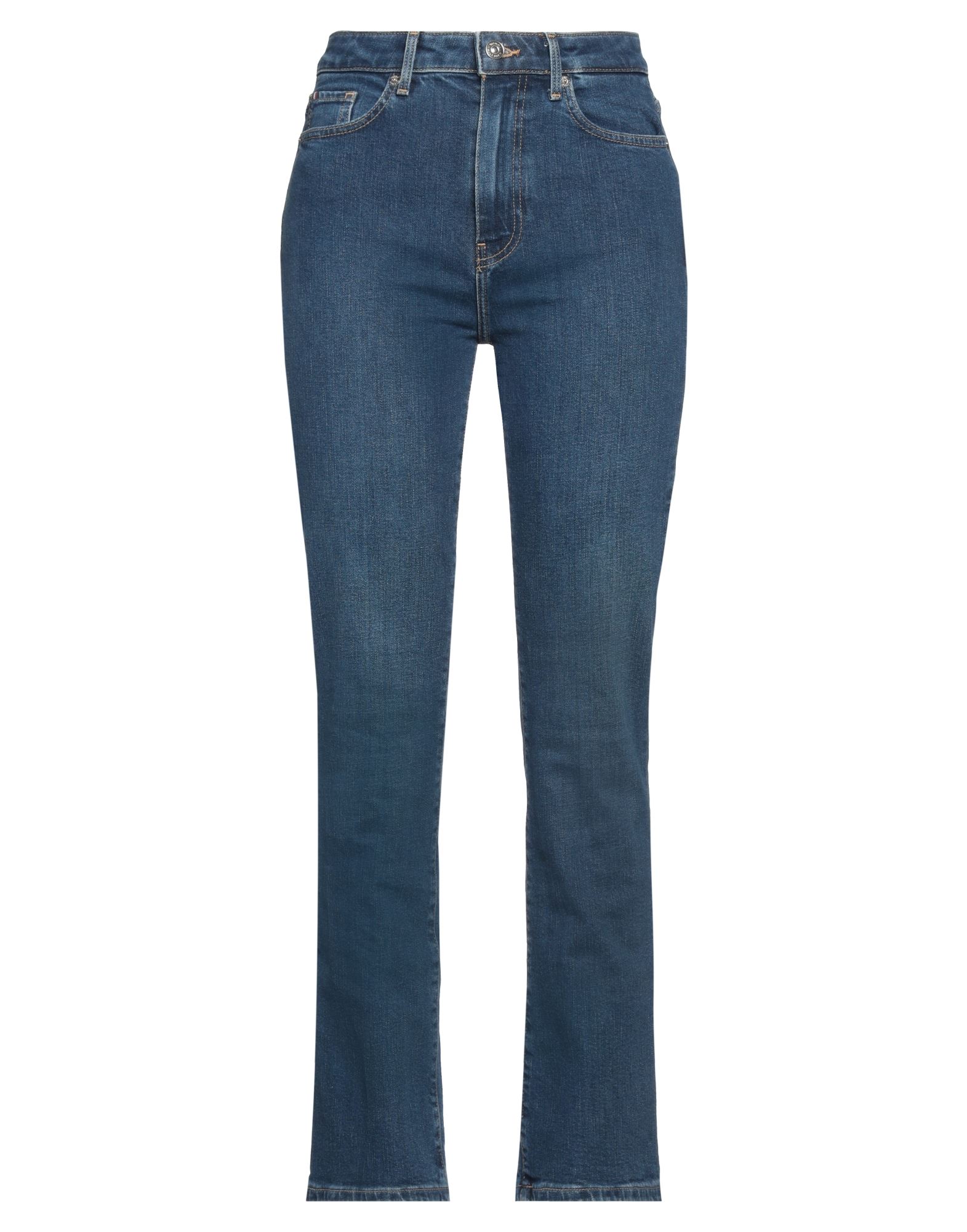 부츠컷 진, 데님, 솔리드 컬러, 브랜드 로고, 다크 워싱, 하이 웨이스트, 벨트 루프, 스키니, 지퍼 여밈, 1 버튼, 멀티 포켓, 세탁기로 세탁, 표백 금지, 건조기 사용불가. 이미지