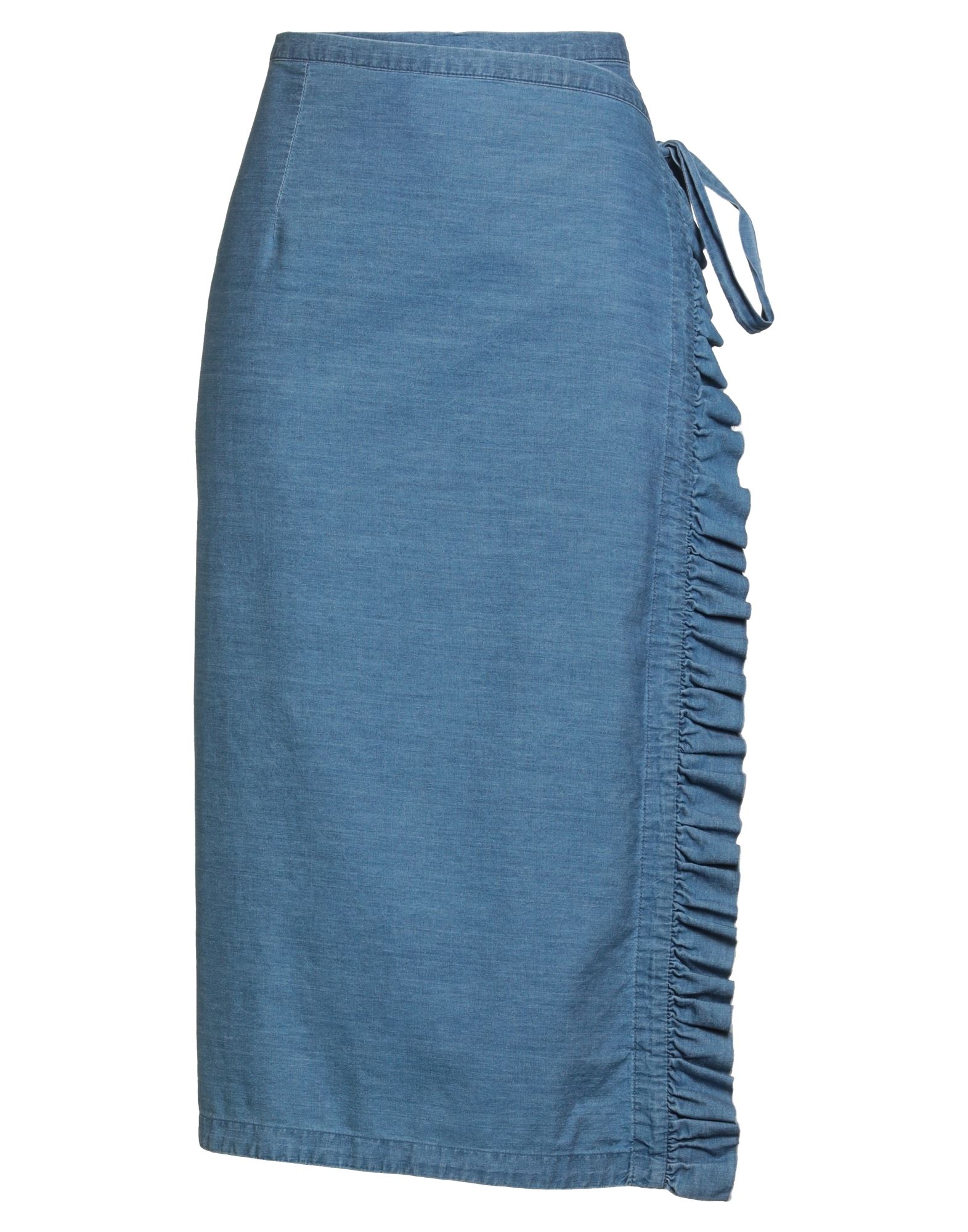 랩 스타일, 데님, 바랜 효과, 솔리드 컬러, 러플, 미디엄 워싱, 노멀 웨이스트, 레귤러 핏, 안감없음, 타이 여밈, 포켓 없음, 세탁기로 세탁, 표백 금지, 건조기 사용불가. 이미지