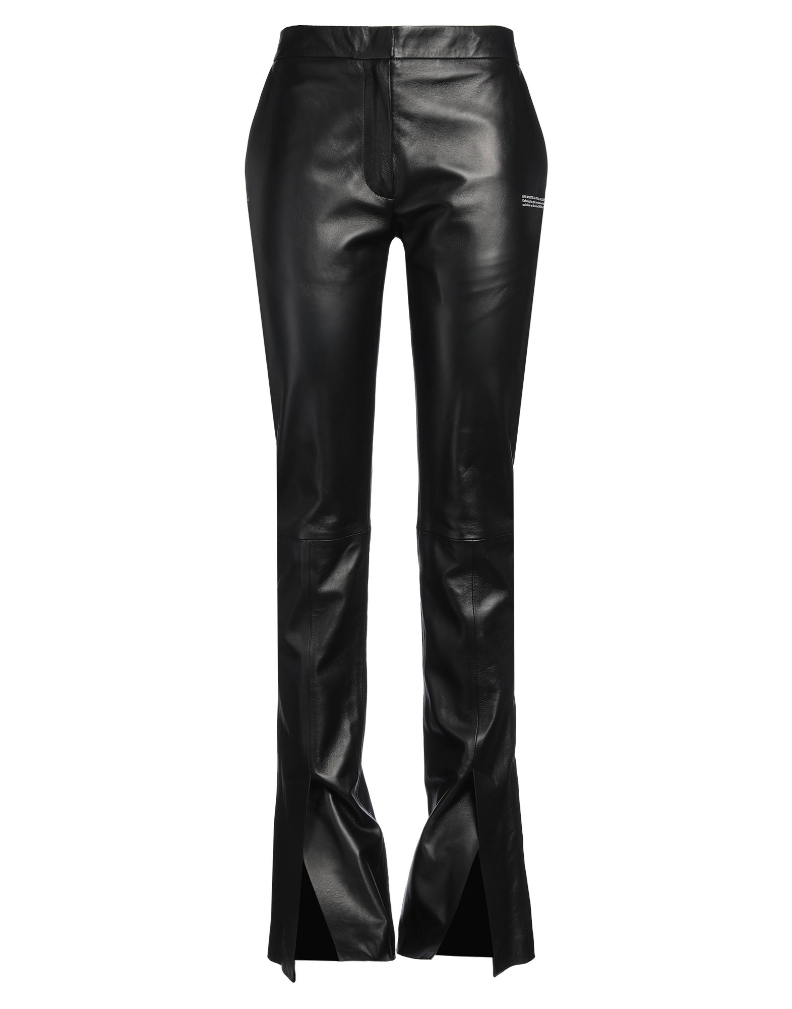 부츠컷 팬츠, 가죽, 솔리드 컬러, 장식 부착 없음, 하이 웨이스트, 레귤러 핏, 지퍼 여밈, 멀티 포켓, 드라이클리닝 금지, 표백 금지, 건조기 사용불가, 동물성 비섬유 자재 함유. 이미지