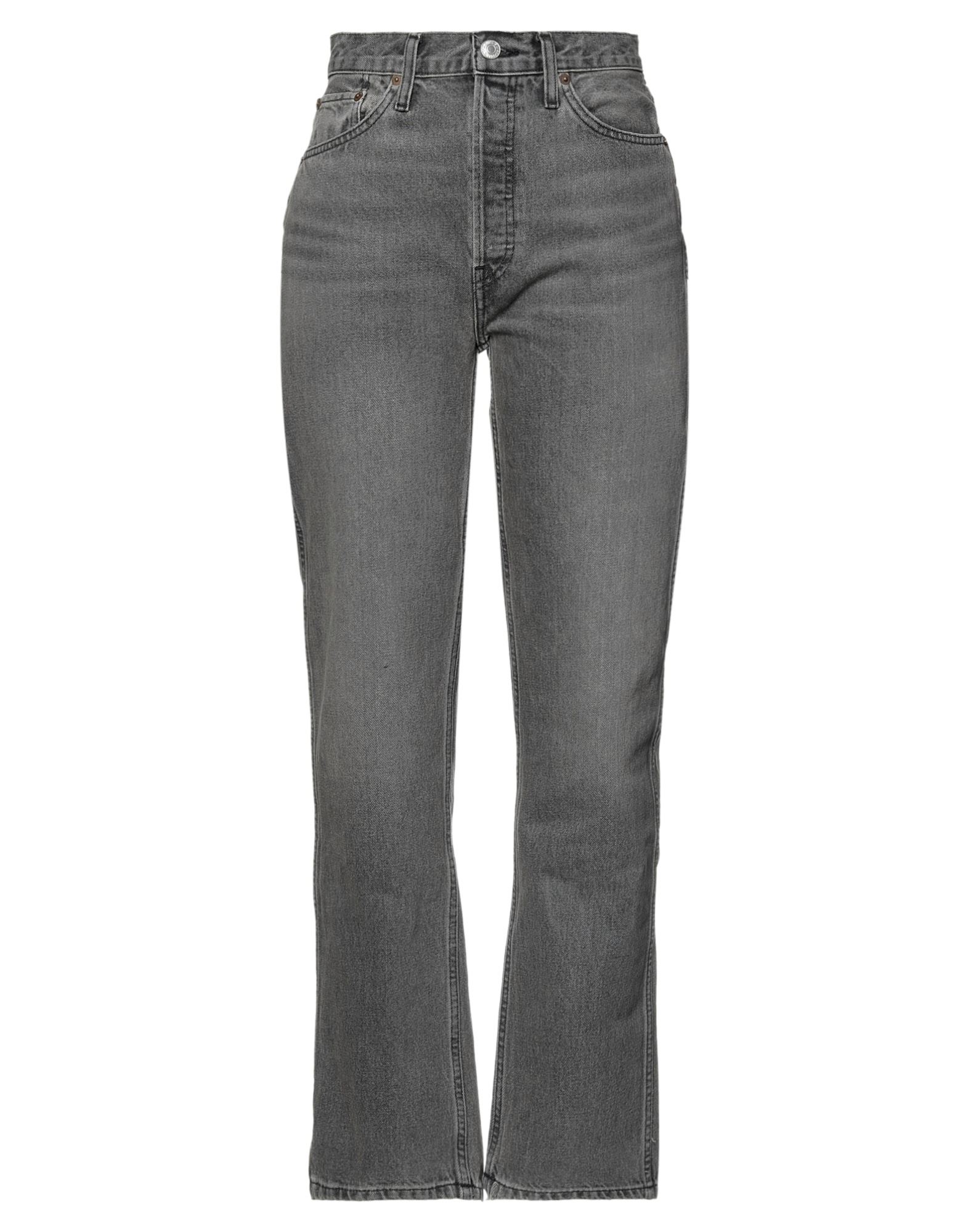 데님, 브랜드 로고, 솔리드 컬러, 컬러 워싱, 바랜 효과, 하이 웨이스트, 스트레이트 레그, 컴포트 핏, 버튼 여밈, κλείσιμο με φερμουάρ, 포켓 5개. 이미지