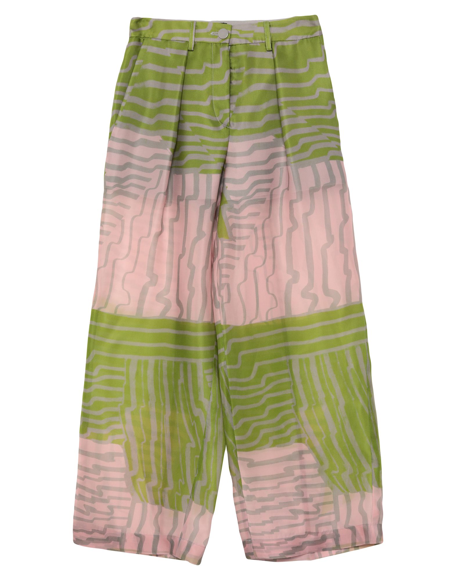 와이드 레그 팬츠, 오간자, 멀티컬러 패턴, 장식 부착 없음, 하이 웨이스트, 컴포트 핏, 멀티 포켓. 이미지