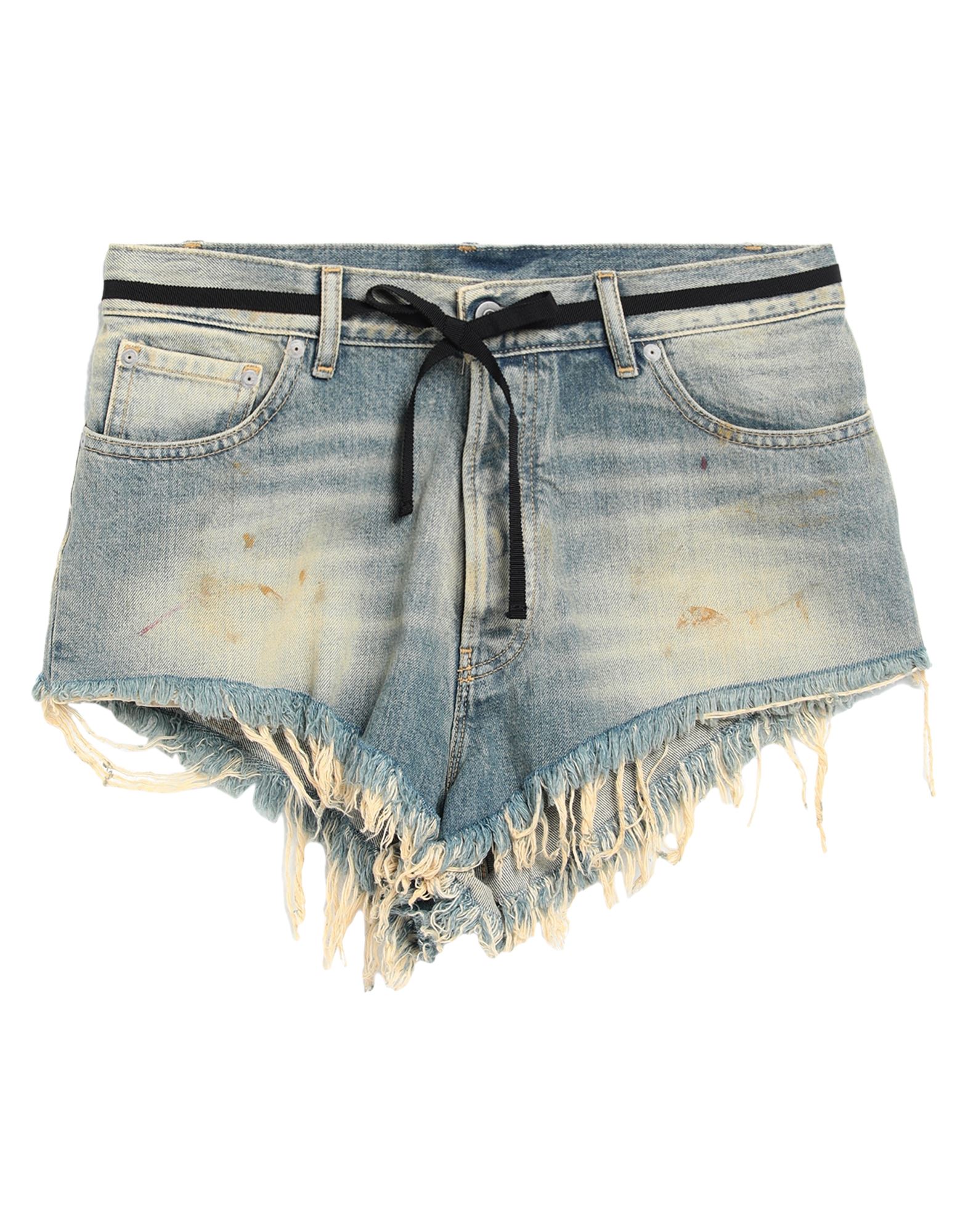 데님, 장식 부착 없음, 솔리드 컬러, 미디엄 워싱, 하이 웨이스트, 벨트 루프, 1 버튼, 지퍼 여밈, 프린지 헴, 핫 팬츠. 이미지