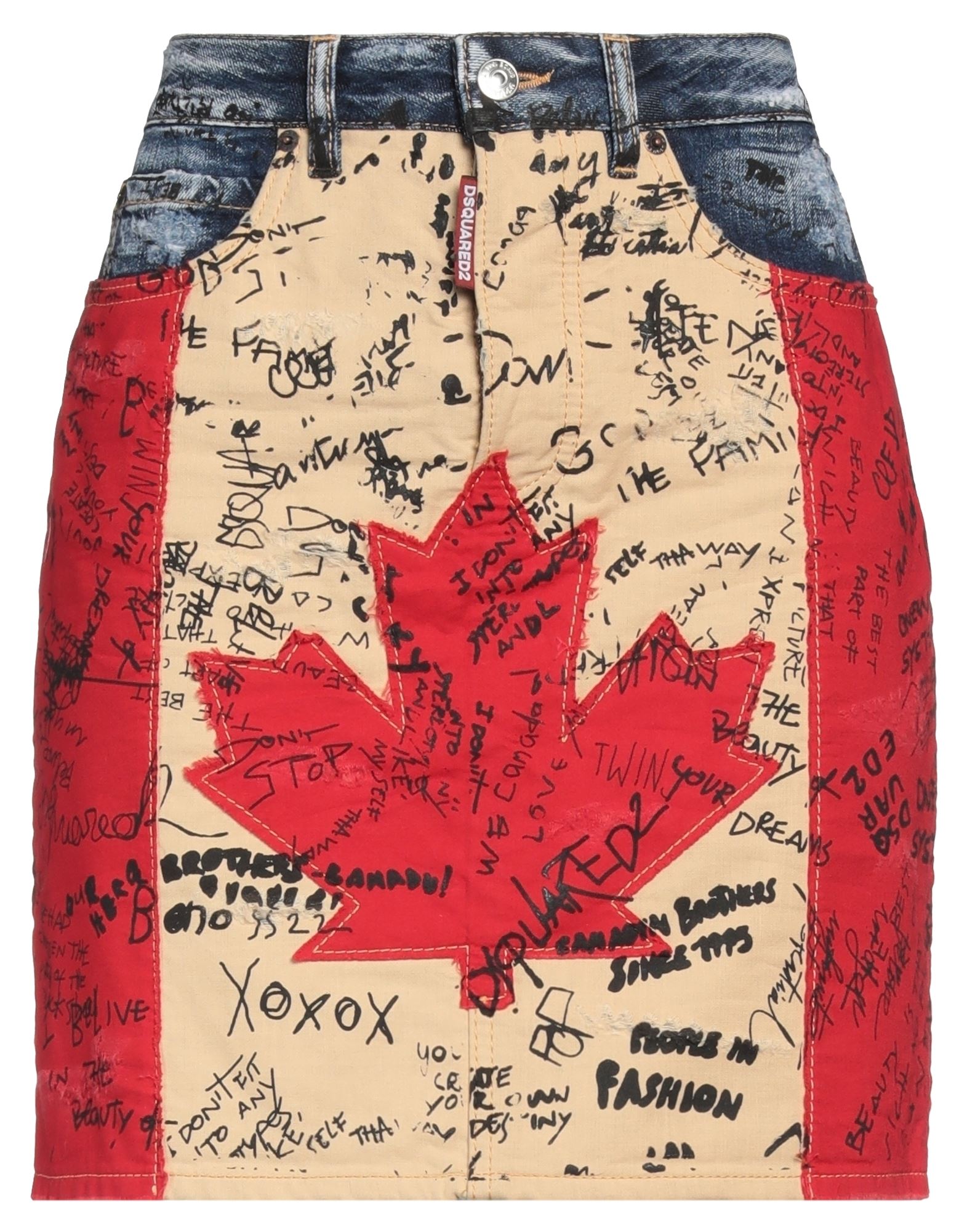 데님, 평직, 바랜 효과, 브랜드 로고, 콘트라스트 디테일, 멀티컬러 패턴, 다크 워싱, 벨트 루프, 레귤러 핏, 안감없음, 버튼 여밈, 멀티 포켓, 펜슬 스커트. 이미지