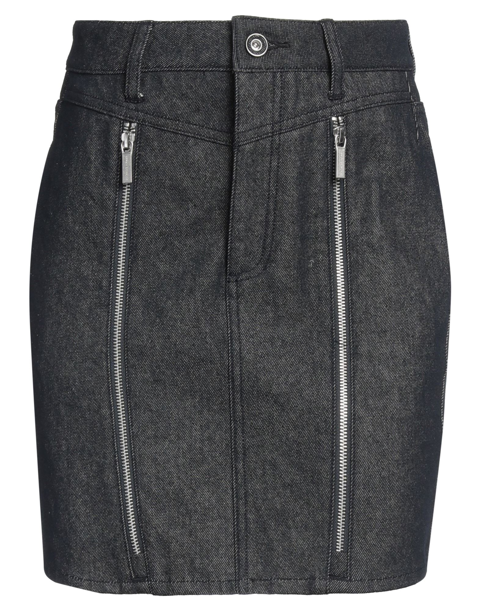 펜슬 스커트, 데님, 솔리드 컬러, 브랜드 로고, 다크 워싱, 지퍼 여밈, 1 버튼, 멀티 포켓, 세탁기로 세탁, 표백 금지, 건조기 사용불가. 이미지