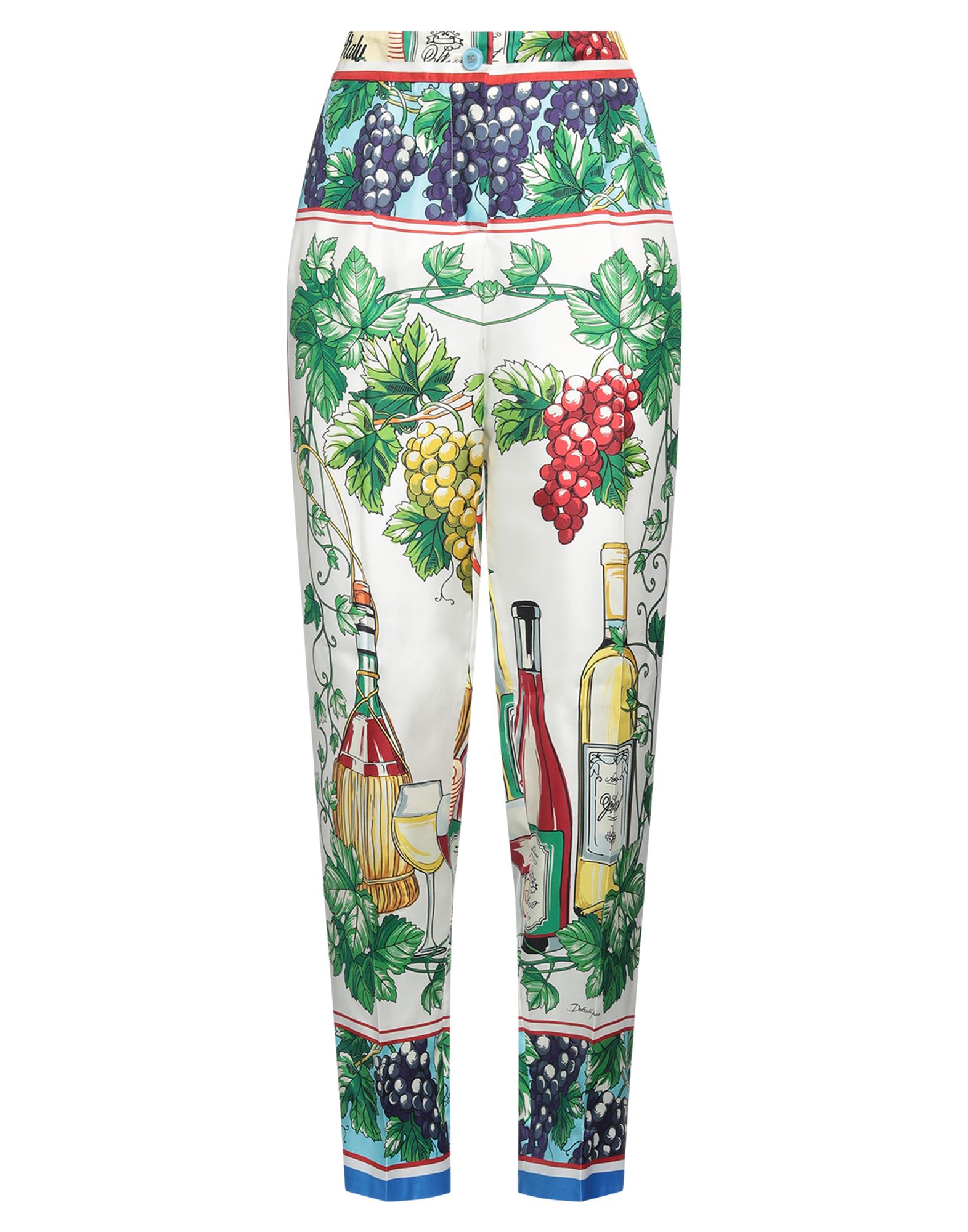 테이퍼드 팬츠, 새틴, 멀티컬러 패턴, 장식 부착 없음, 노멀 웨이스트, 벨트 루프, 레귤러 핏, 지퍼 여밈, 버튼 여밈, 웰트 포켓, 드라이클리닝, 표백 금지, 건조기 사용불가. 이미지