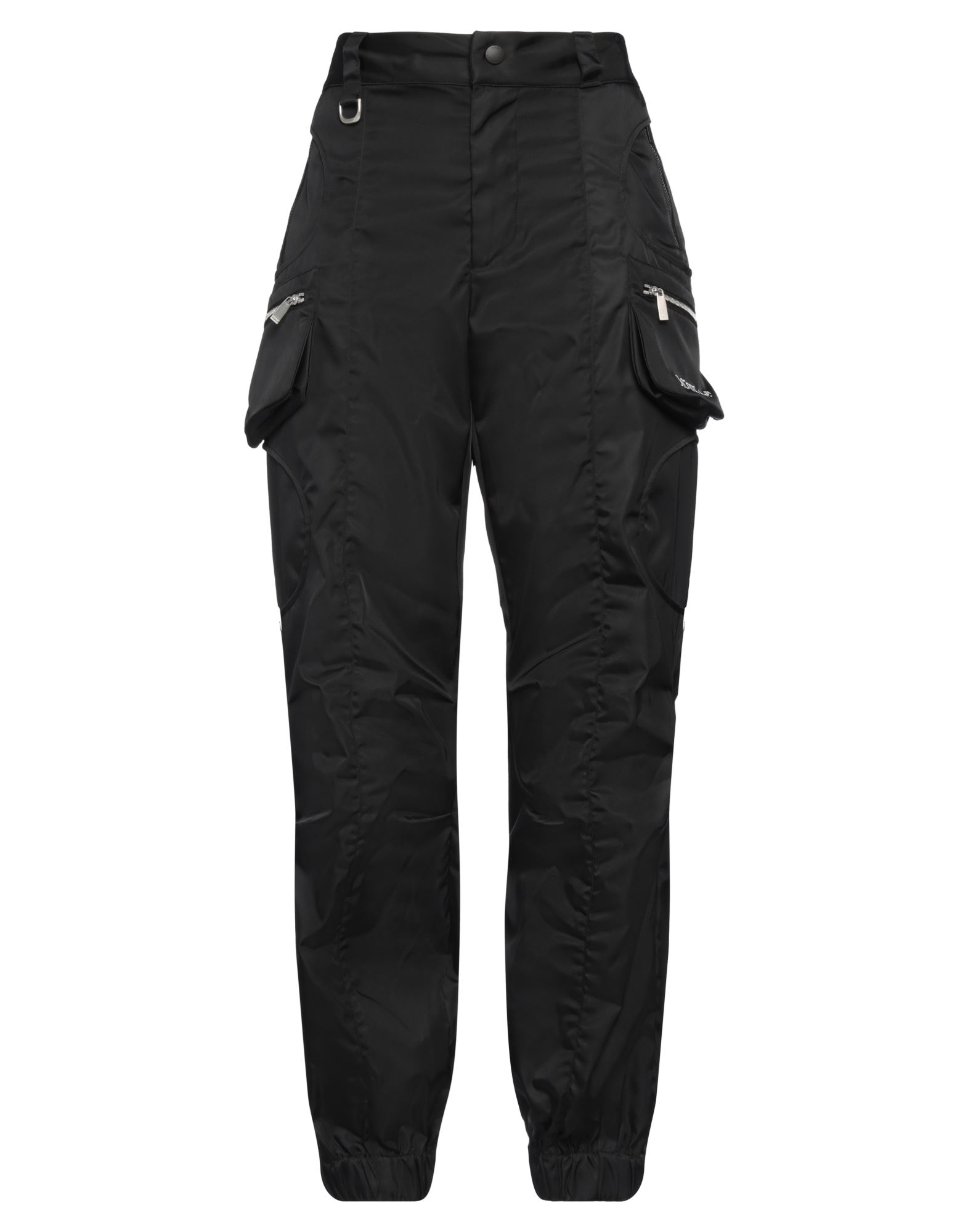 테크니컬 패브릭, 브랜드 로고, 솔리드 컬러, 하이 웨이스트, 레귤러 핏, 지퍼 여밈, 엘라스틱 헴라인, 멀티 포켓, 세탁기 세탁 또는 드라이클리닝, 표백 금지, 건조기 사용불가, 카고 팬츠. 이미지