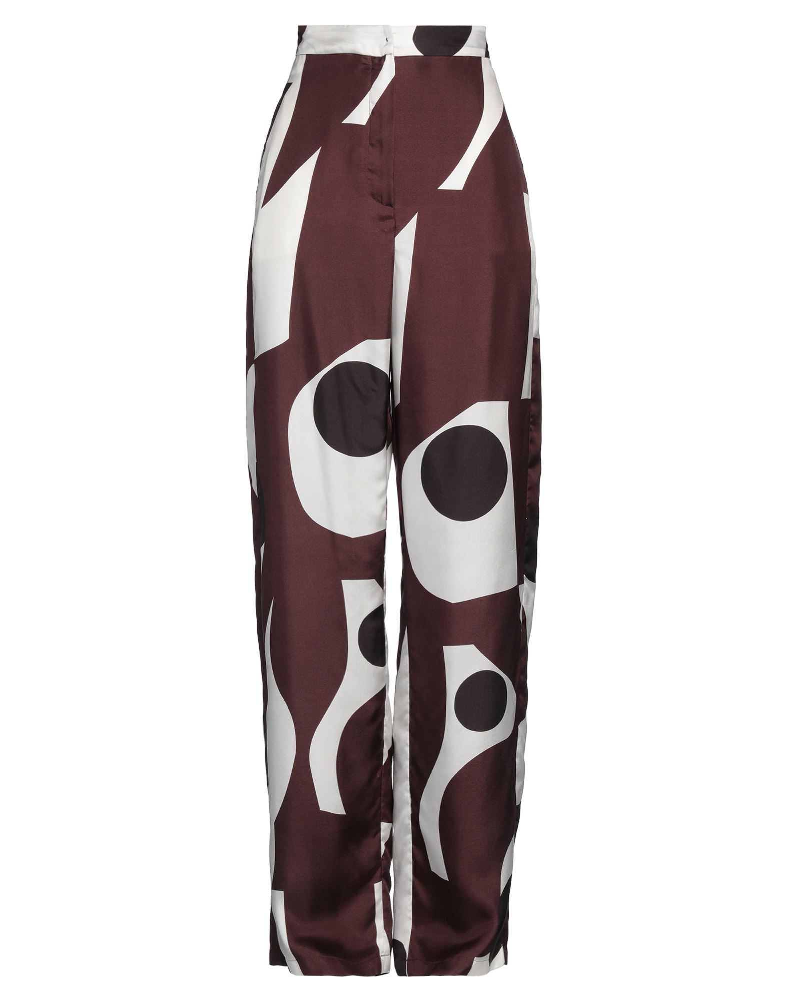 와이드 레그 팬츠, 새틴, 멀티컬러 패턴, 장식 부착 없음, 하이 웨이스트, 컴포트 핏, 지퍼 여밈, 멀티 포켓, 드라이클리닝, 표백 금지, 건조기 사용불가. 이미지