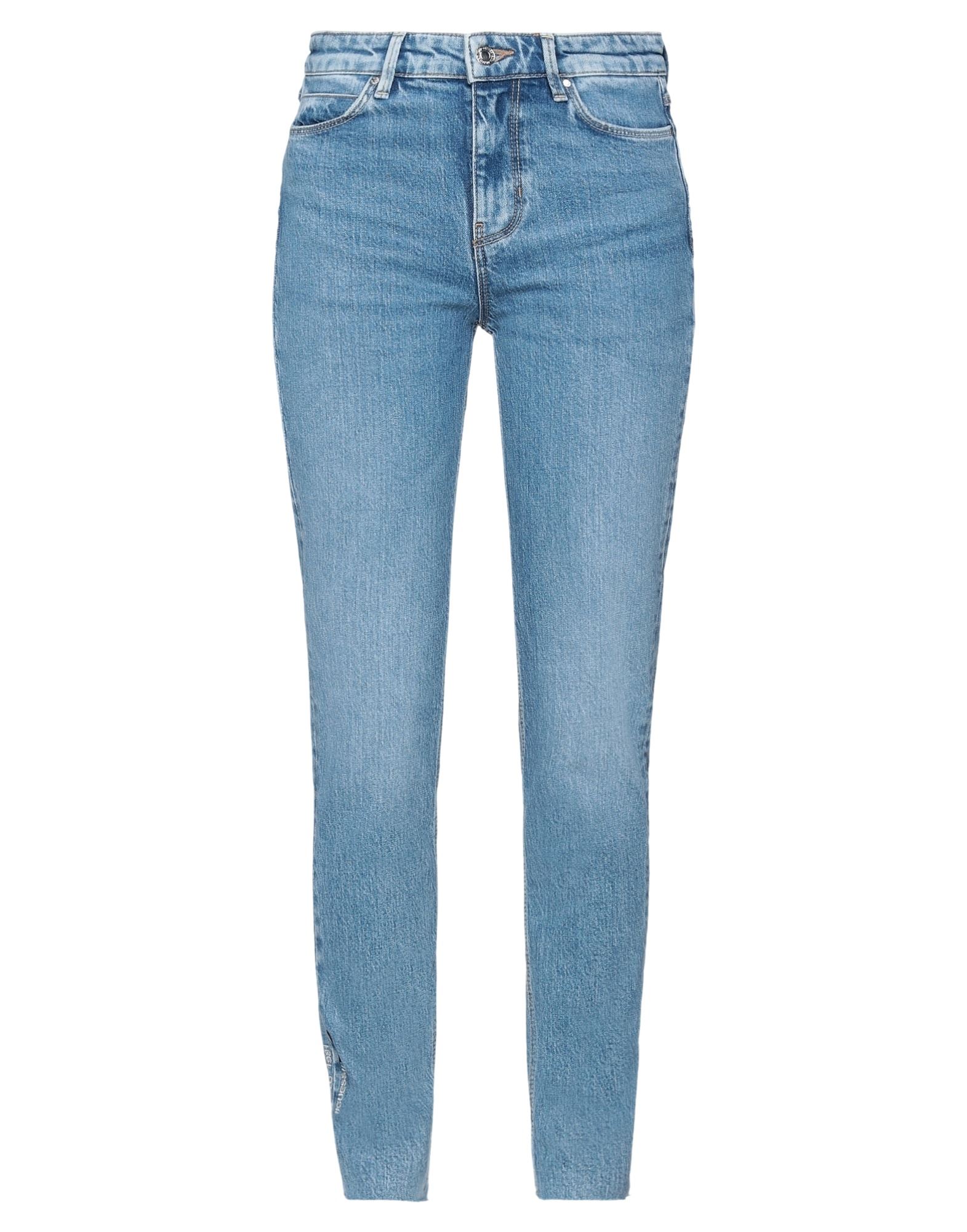 스키니 진, 데님, 솔리드 컬러, 브랜드 로고, 미디엄 워싱, 노멀 웨이스트, 벨트 루프, 스키니, 버튼 여밈, 지퍼 여밈, 로 컷 밑단, 멀티 포켓. 이미지