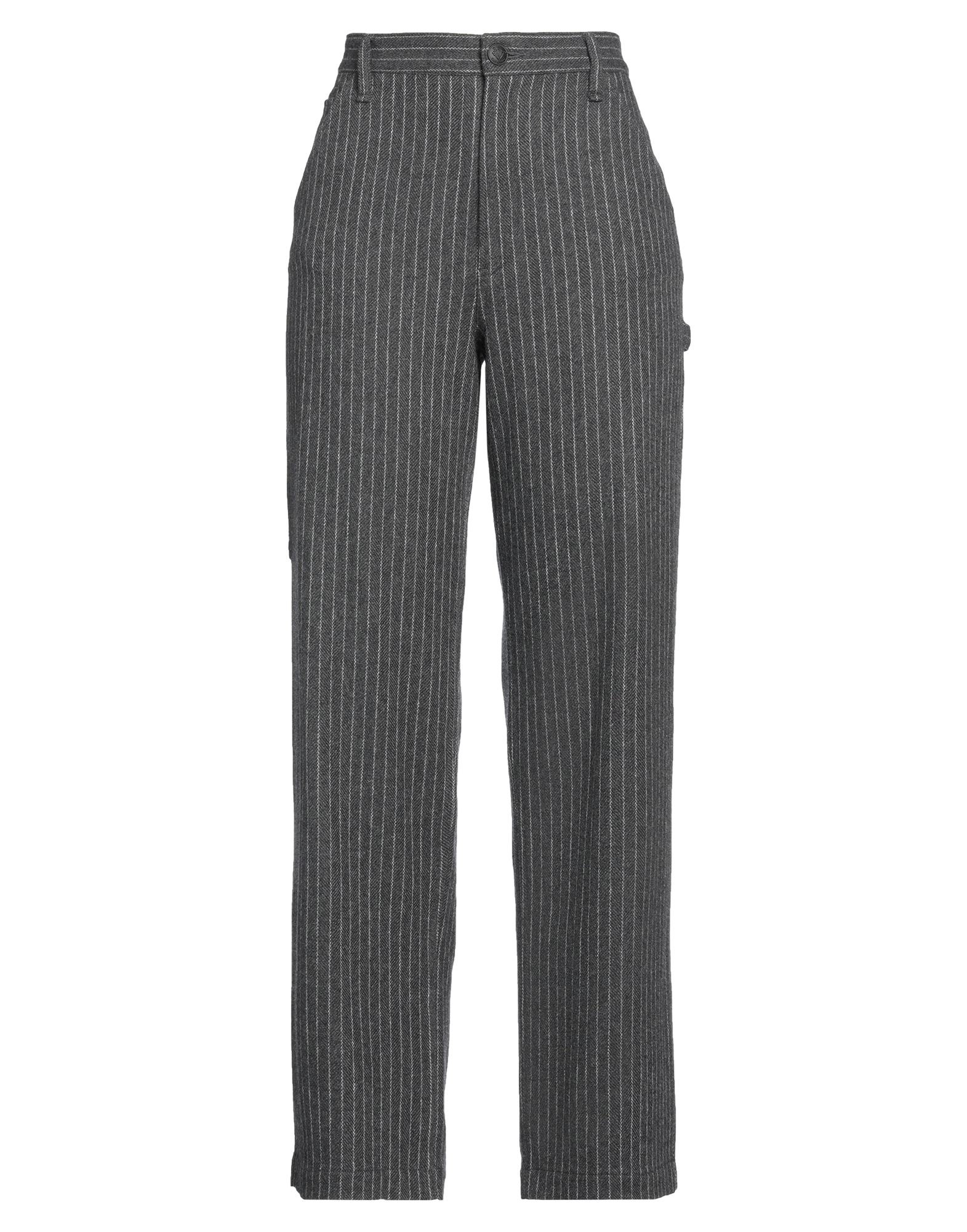 플란넬, 장식 부착 없음, 핀스트라이프, 하이 웨이스트, 레귤러 핏, 지퍼 여밈, 버튼 여밈, 멀티 포켓, 드라이클리닝, 표백 금지, 건조기 사용불가, 스트레이트 레그 팬츠, 루즈 핏. 이미지