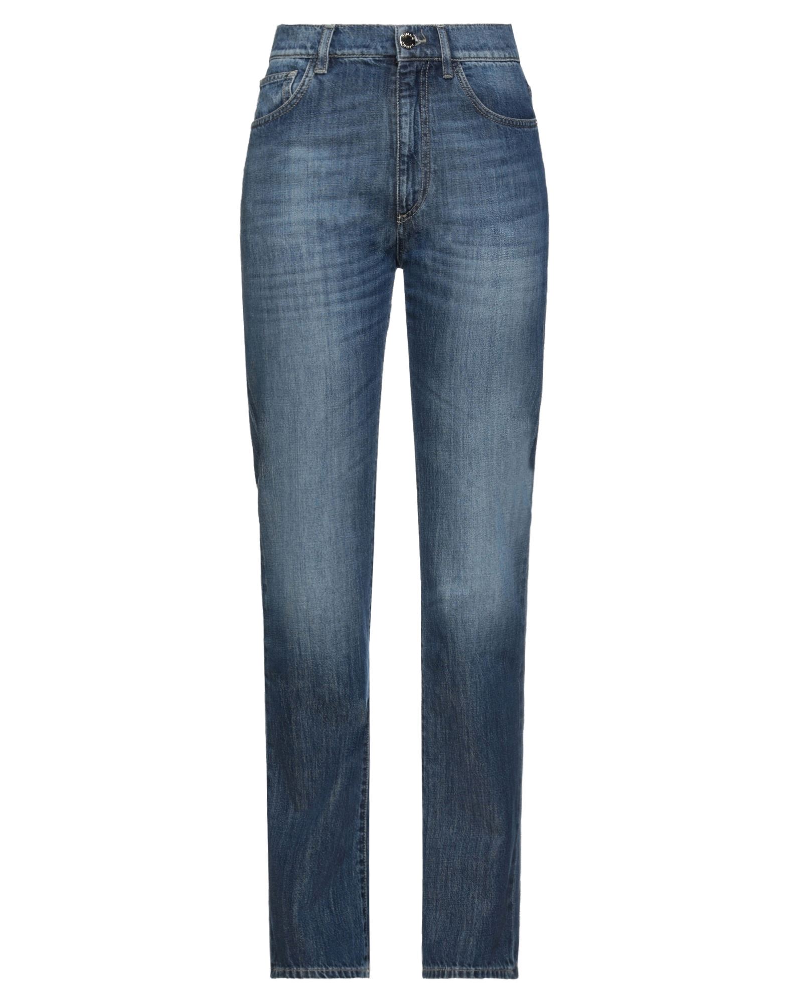 스트레이트 레그 진, 데님, 솔리드 컬러, 브랜드 로고, 미디엄 워싱, 하이 웨이스트, 레귤러 핏, 멀티 포켓. 이미지