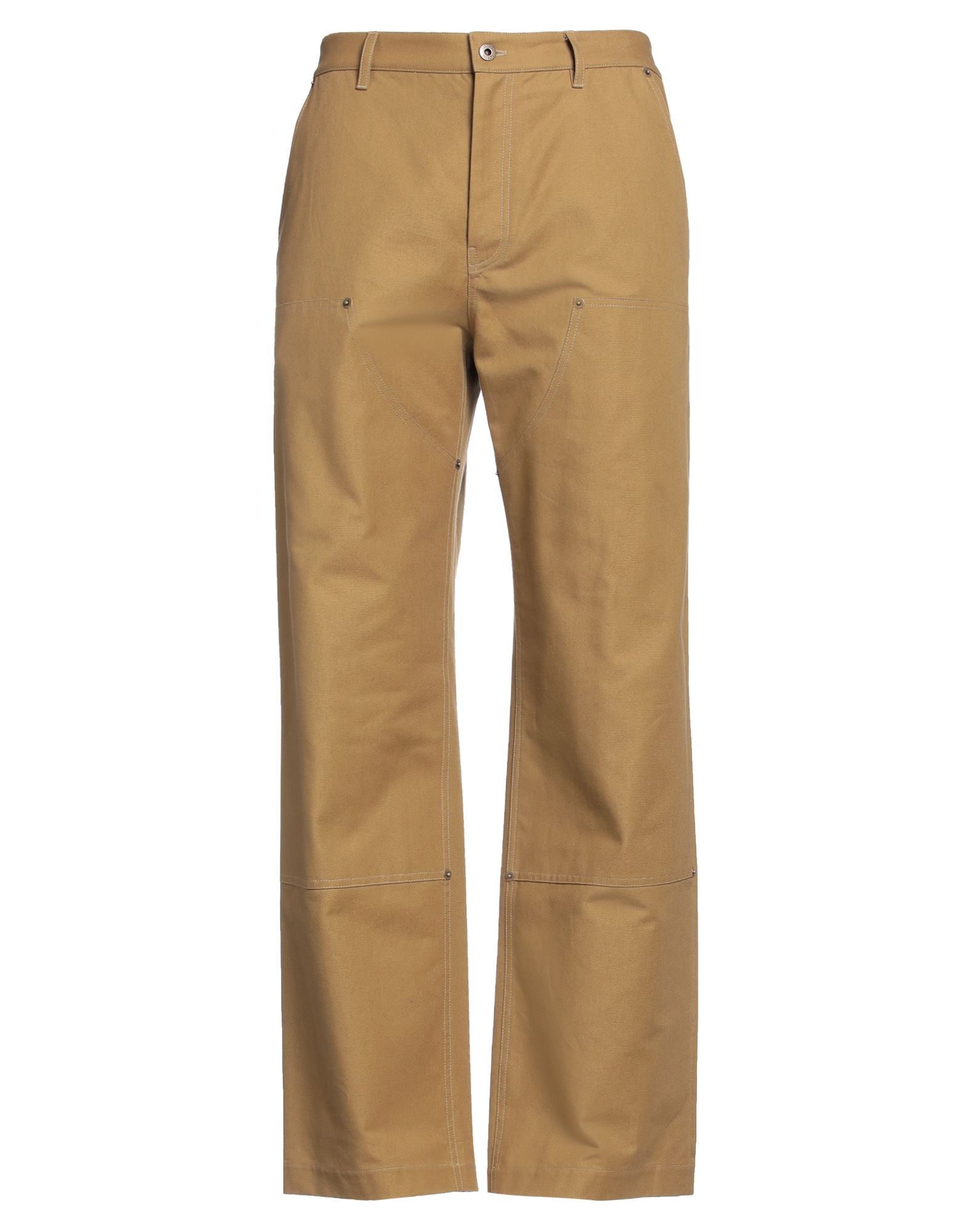 플란넬, 가죽 디테일, 브랜드 로고, 솔리드 컬러, 하이 웨이스트, 벨트 루프, 테이퍼드 레그, 레귤러 핏, 지퍼 클로저, 1 버튼, 멀티 포켓, 동물성 비섬유 자재 함유, 치노. 이미지