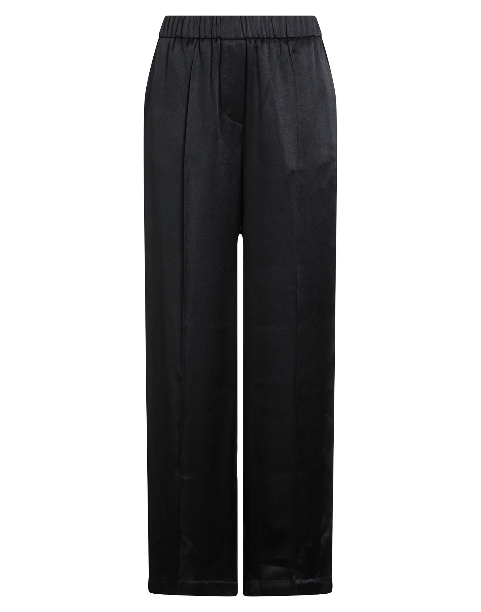 파자마 팬츠, 새틴, 솔리드 컬러, 자수 로고 장식, 하이 웨이스트, 엘라스틱 웨이스트라인, 레귤러 핏, 슬릿 포켓, 웰트 포켓, 드라이클리닝, 표백 금지, 건조기 사용불가. 이미지