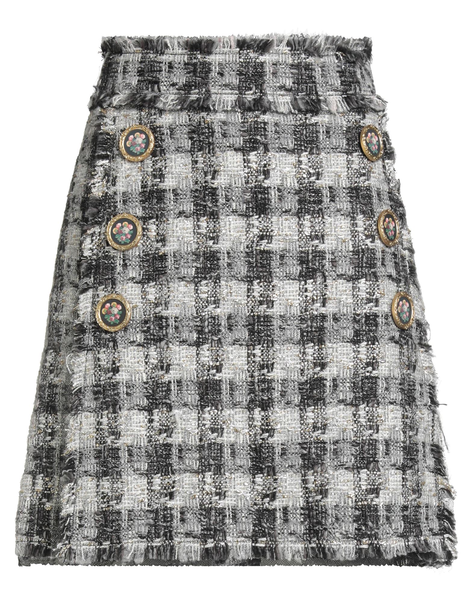 플레어 스커트, 트위드, 메탈릭 효과, 체크, 버튼 장식, 안감있음, 지퍼 여밈, 스냅버튼 여밈, 드라이클리닝, 표백 금지, 건조기 사용불가. 이미지