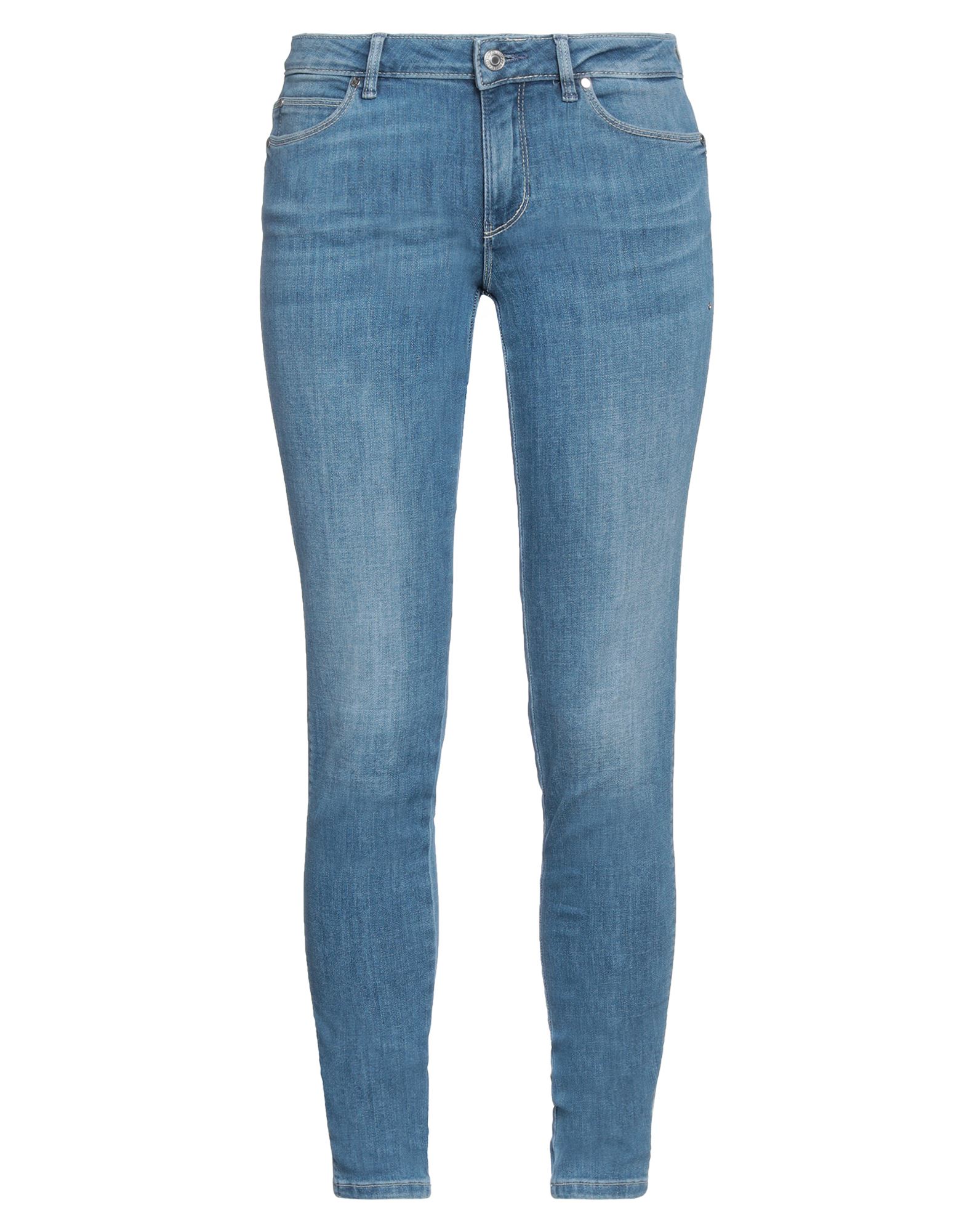 데님, 장식 부착 없음, 솔리드 컬러, 미디엄 워싱, 하이 웨이스트, 테이퍼드 레그, 스키니, 1 버튼, 멀티 포켓, 스트레치, 스키니 스타일. 이미지