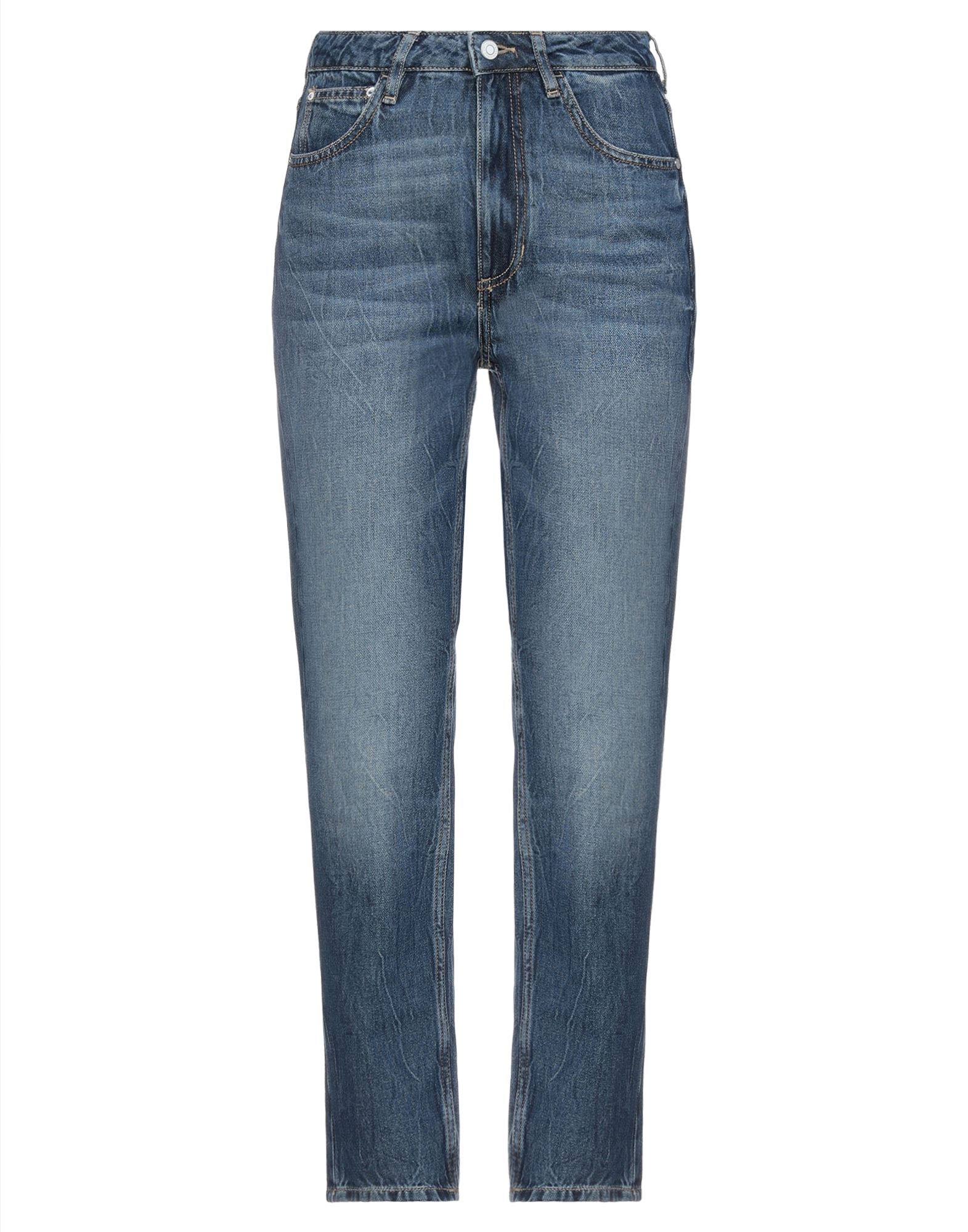 데님, 브랜드 로고, 솔리드 컬러, 미디엄 워싱, 하이 웨이스트, 벨트 루프, 테이퍼드 레그, 레귤러 핏, 지퍼 클로저, 1 버튼, 포켓 5개, 맘핏 스타일. 이미지