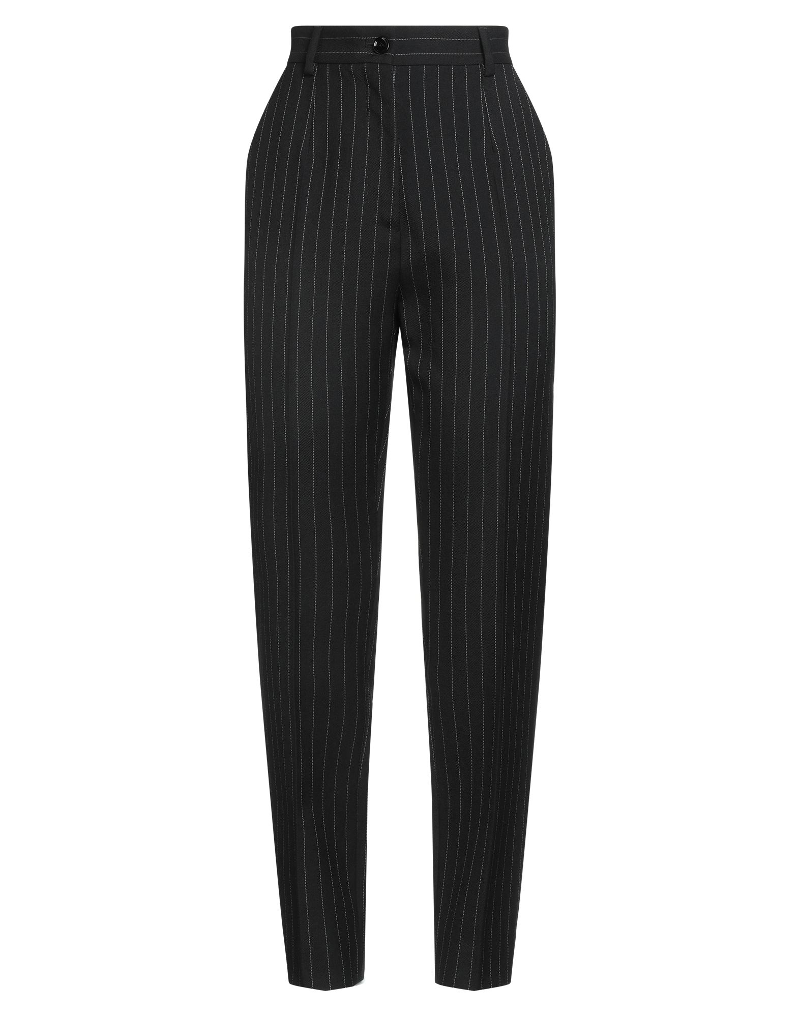 테이퍼드 팬츠, 울, 핀스트라이프, 장식 부착 없음, 하이 웨이스트, 레귤러 핏, 지퍼 여밈, 1 버튼, 멀티 포켓, 드라이클리닝, 표백 금지, 건조기 사용불가, 편안함과 우아함이 결합된 격식을 갖춘 세련된 포멀 오피스 룩. 이미지