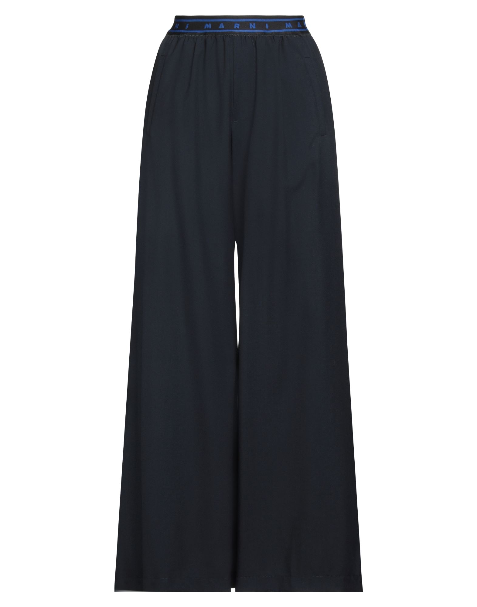 와이드 레그 팬츠, 울 보일, 솔리드 컬러, 다트, 브랜드 로고, 하이 웨이스트, 엘라스틱 웨이스트라인, 레귤러 핏, 멀티 포켓, 드라이클리닝, 표백 금지, 건조기 사용불가, 이 브랜드는 사이즈가 크게 나옵니다. 이미지