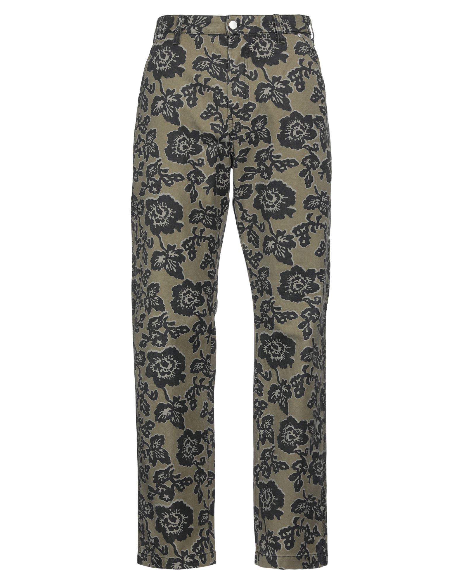 카고 팬츠, 트윌, 플로럴 모티브, 브랜드 로고, 하이 웨이스트, 벨트 루프, 레귤러 핏, 멀티 포켓, 세탁기로 세탁, 건조기 사용가능. 이미지