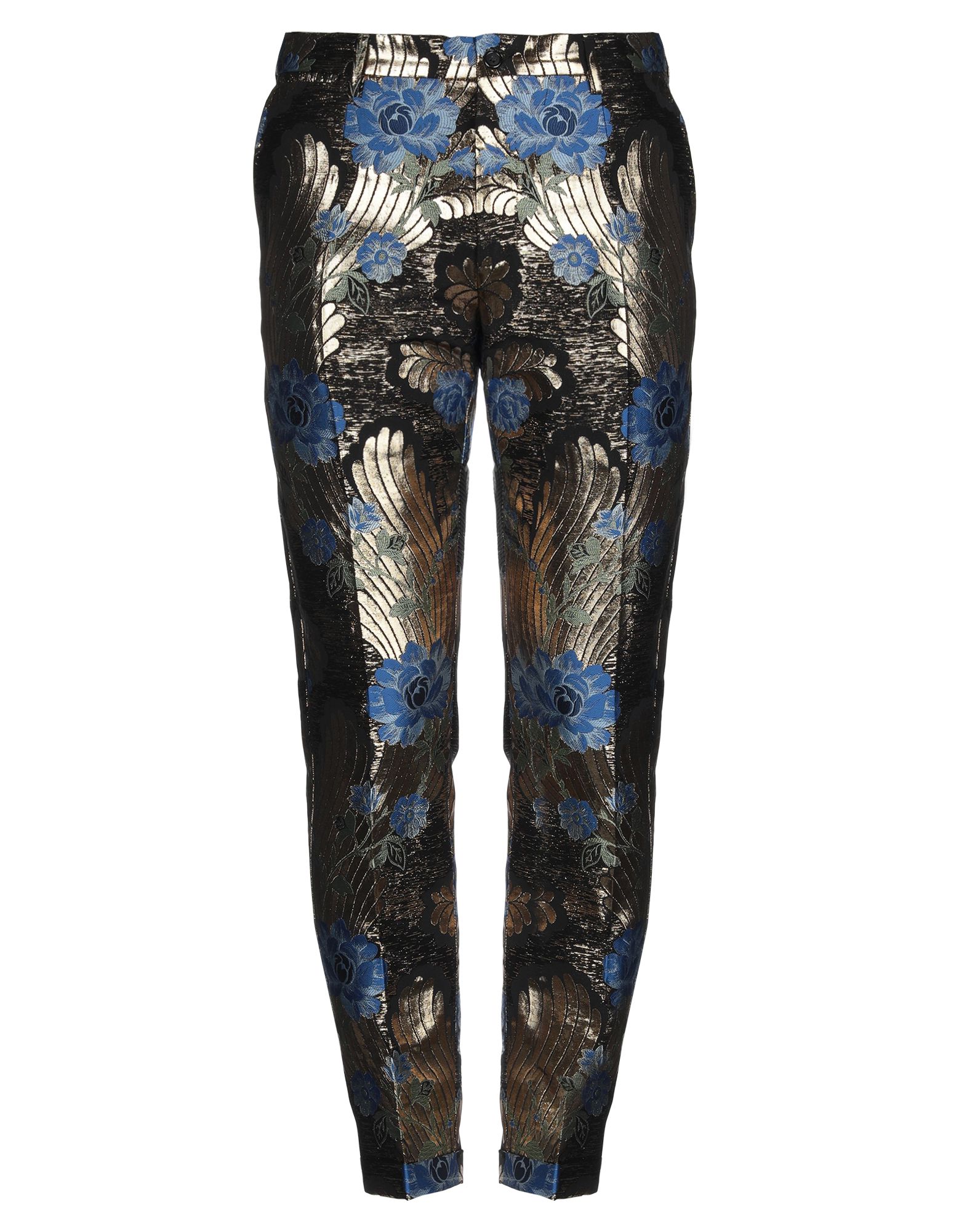 테일러드 팬츠, 브로케이드, 플로럴 모티브, 장식 부착 없음, 노멀 웨이스트, 벨트 루프, 테이퍼드 레그, 레귤러 핏, 부분적으로 안감 처리한 내부, 버튼 여밈, 지퍼 여밈, 폴디드 헴, 슬릿 포켓, 웰트 포켓, 드라이클리닝, 건조기 사용가능. 이미지